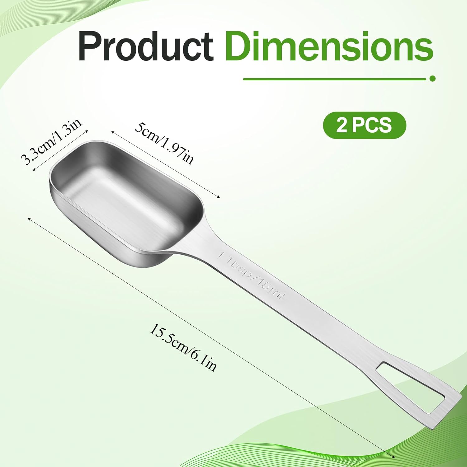 2 Pcs 1 Tablespoon, Stainless Steel Single Long Handle Measuring Spoon Scoop for Coffee Spices Tea Sugar, Dishwasher Safe Rust-Resistant Kitchen Gadgets for Cooking Baking (1tbsp, 3tsp, 15ml, 1/2oz) - Image 2