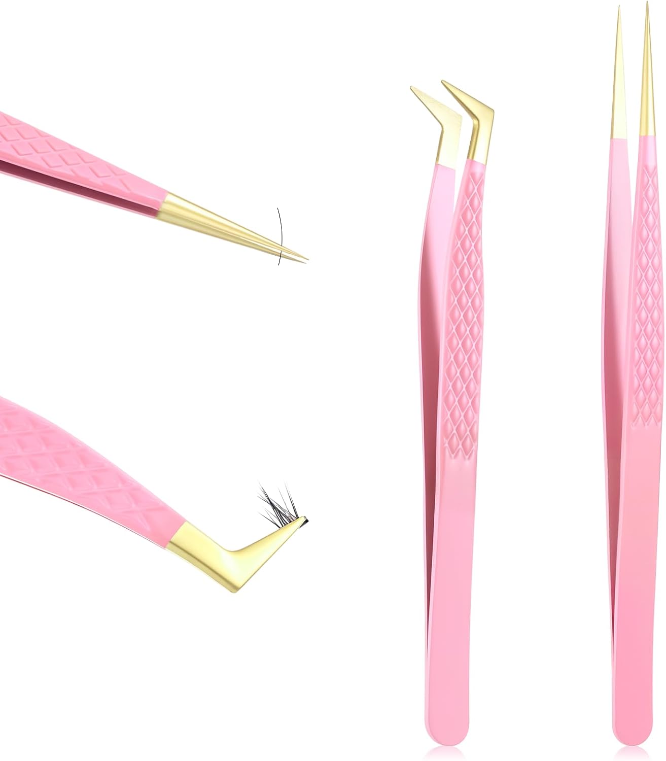 2 Pcs Professional Lash Tweezers Set, Eyelash Cluster Extension Tools Fiber Tip Women Lash Eyelash Eyebrow Tweezers with Bent and Straight Tips, Non-Slip Grip for Volume Classic Lashes (Pink) - Image 1
