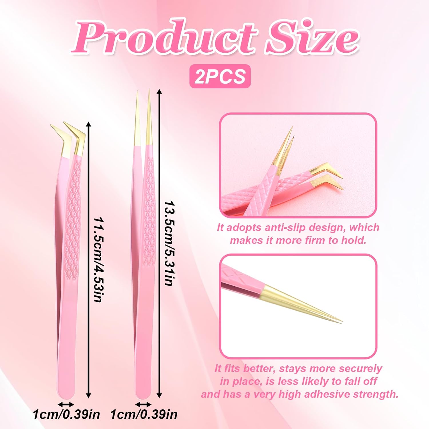 2 Pcs Professional Lash Tweezers Set, Eyelash Cluster Extension Tools Fiber Tip Women Lash Eyelash Eyebrow Tweezers with Bent and Straight Tips, Non-Slip Grip for Volume Classic Lashes (Pink) - Image 3