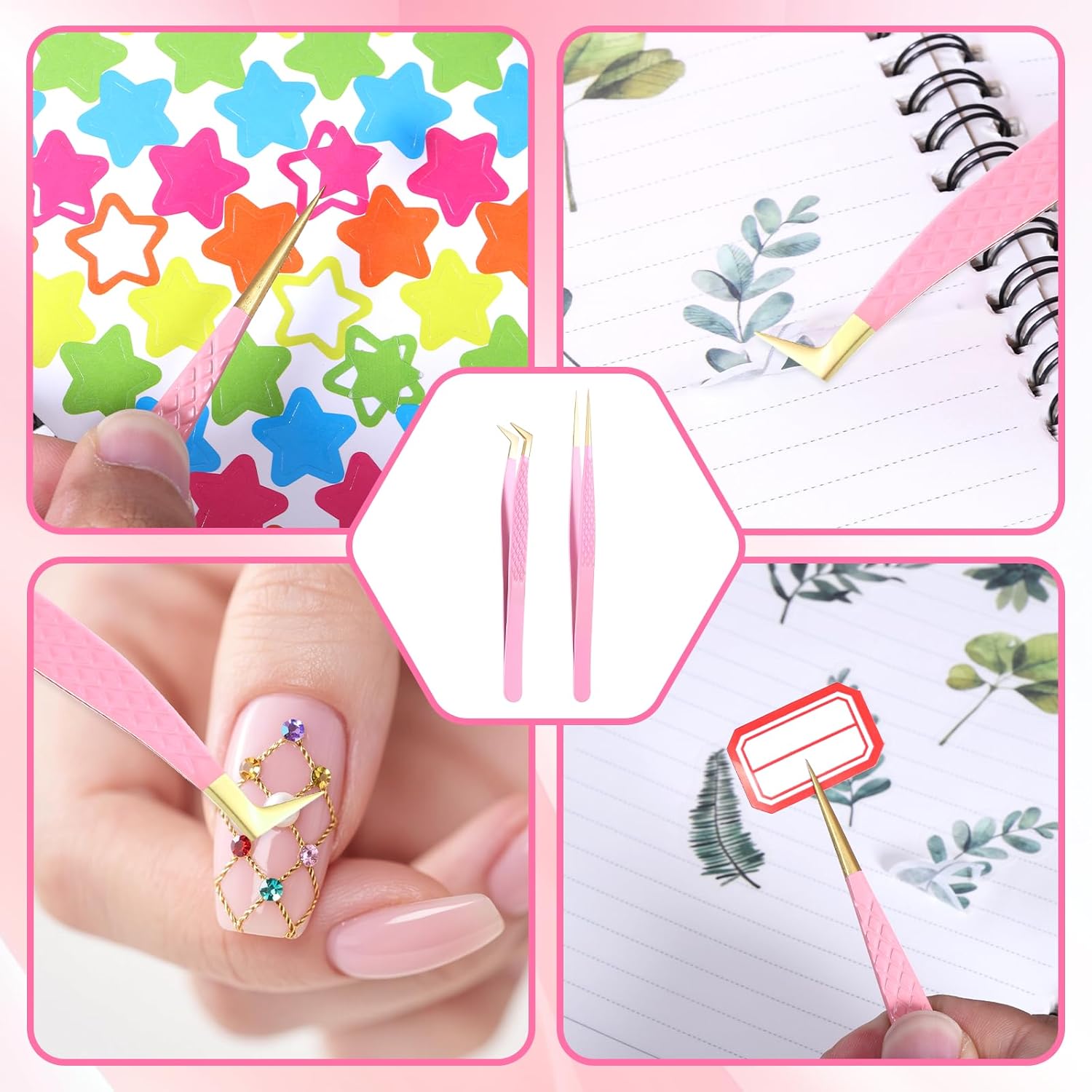 2 Pcs Professional Lash Tweezers Set, Eyelash Cluster Extension Tools Fiber Tip Women Lash Eyelash Eyebrow Tweezers with Bent and Straight Tips, Non-Slip Grip for Volume Classic Lashes (Pink) - Image 4