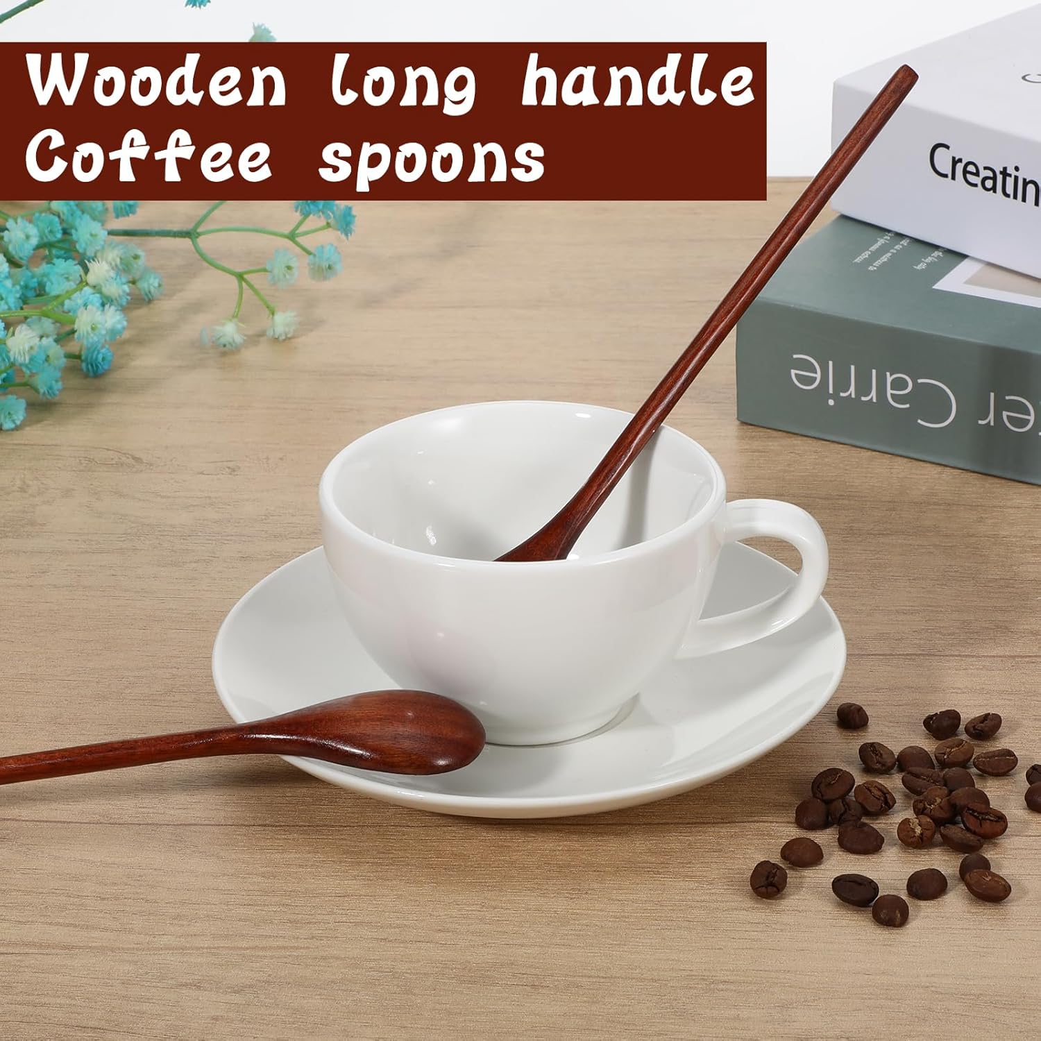 2 PCS Wooden Spoons for Honey, Long Handle Mixing Wooden Spoon 7.8 Inch Honey Spoons Matcha Spoon for Stirring Brown Cocktail Stirrer Mixing Teaspoon for Home Kitchen Bar Restaurant - Image 2