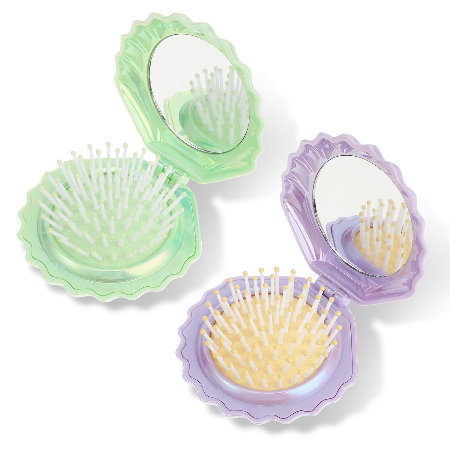 2 PCS Shell Folding Hair Brush with Mirror, Foldable Mini Hairbrush Retractable Purse Combs Cute Small Travel Brushes for Women, Portable Shell Pocket Comb for Purse (Purple, Green) - Image 1
