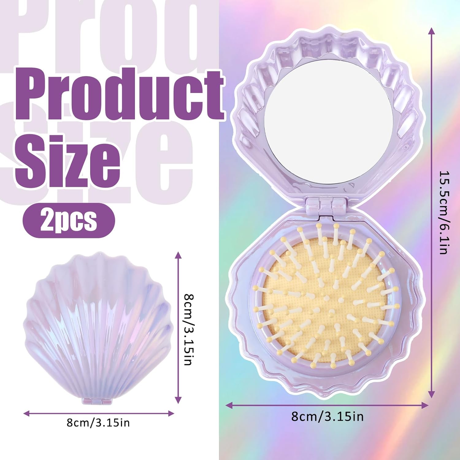 2 PCS Shell Folding Hair Brush with Mirror, Foldable Mini Hairbrush Retractable Purse Combs Cute Small Travel Brushes for Women, Portable Shell Pocket Comb for Purse (Purple, Green) - Image 2