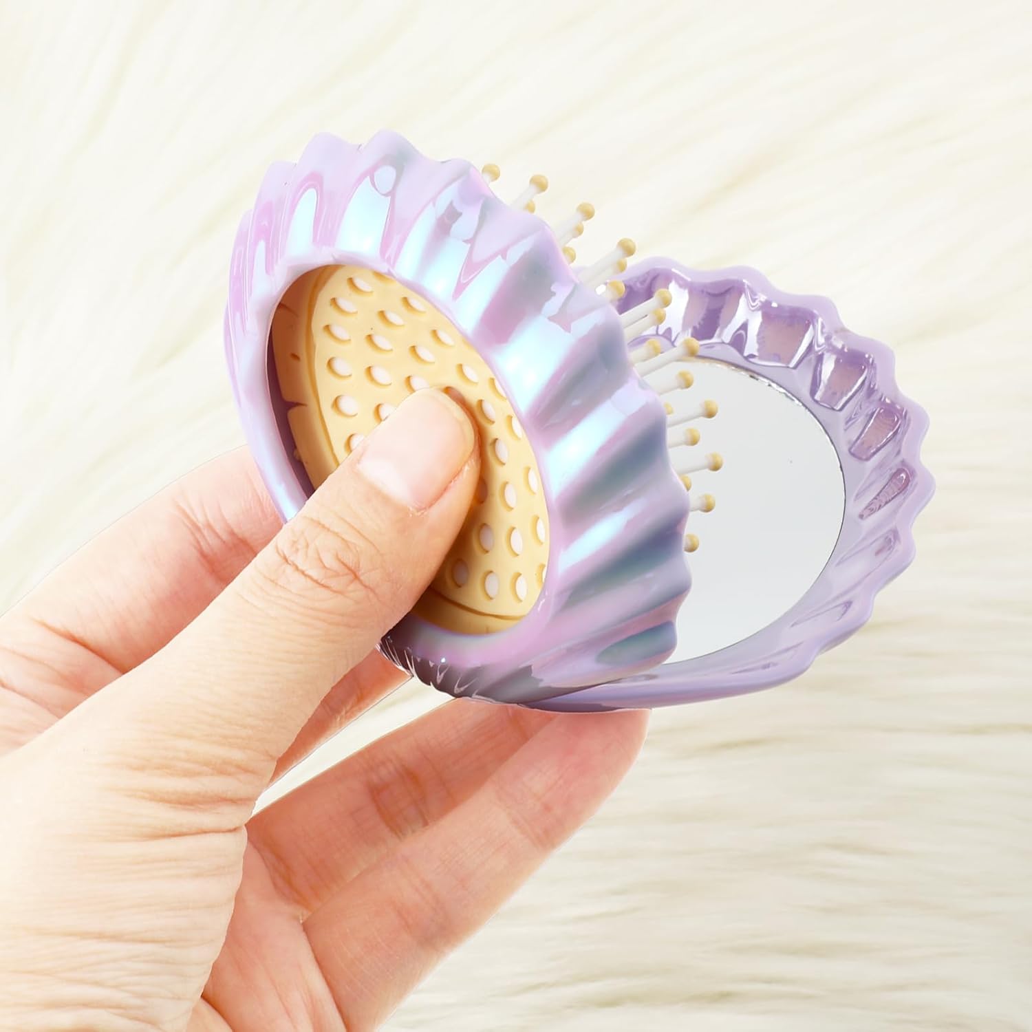 2 PCS Shell Folding Hair Brush with Mirror, Foldable Mini Hairbrush Retractable Purse Combs Cute Small Travel Brushes for Women, Portable Shell Pocket Comb for Purse (Purple, Green) - Image 4