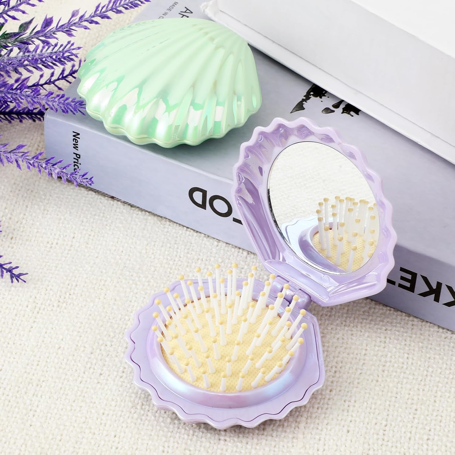 2 PCS Shell Folding Hair Brush with Mirror, Foldable Mini Hairbrush Retractable Purse Combs Cute Small Travel Brushes for Women, Portable Shell Pocket Comb for Purse (Purple, Green) - Image 5