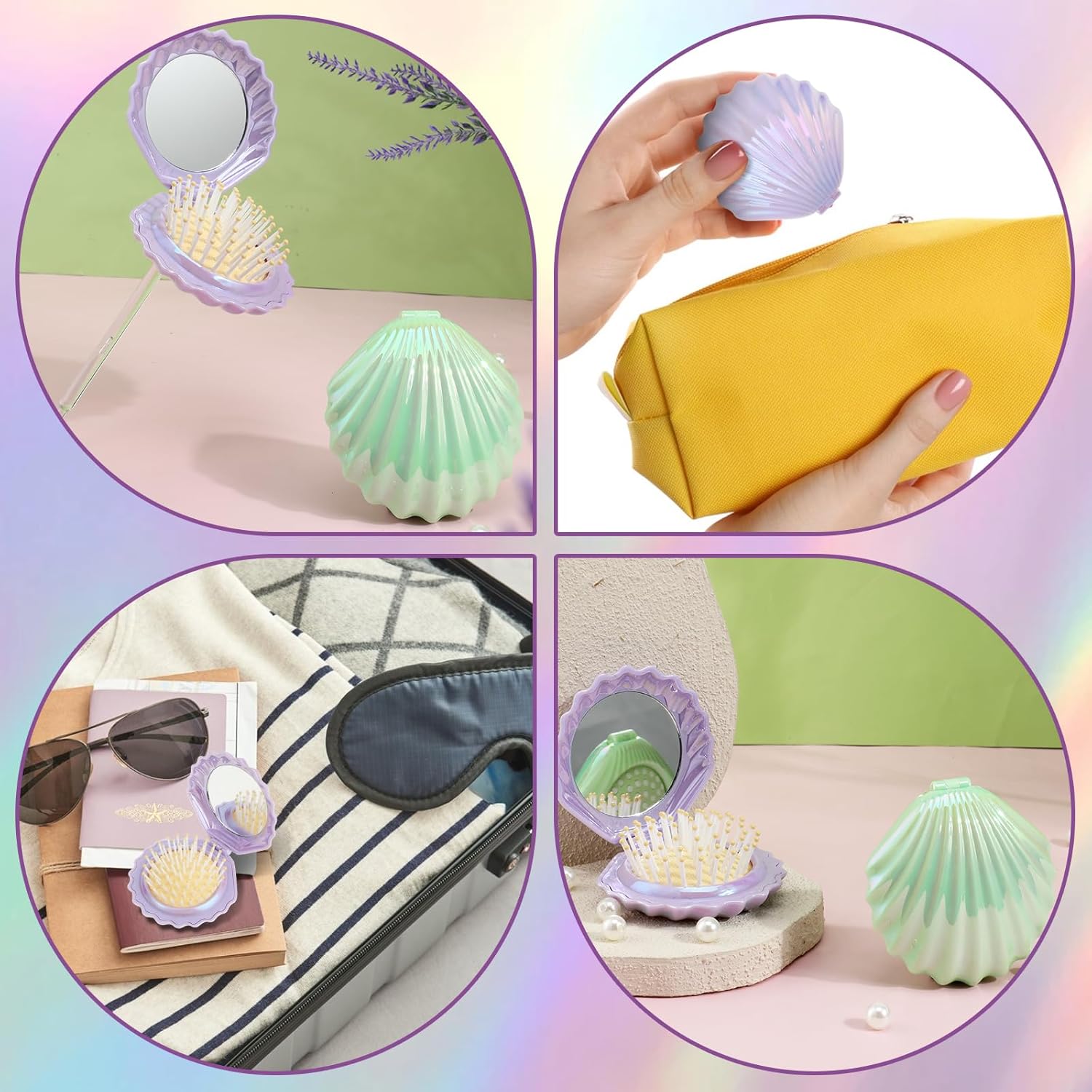 2 PCS Shell Folding Hair Brush with Mirror, Foldable Mini Hairbrush Retractable Purse Combs Cute Small Travel Brushes for Women, Portable Shell Pocket Comb for Purse (Purple, Green) - Image 7