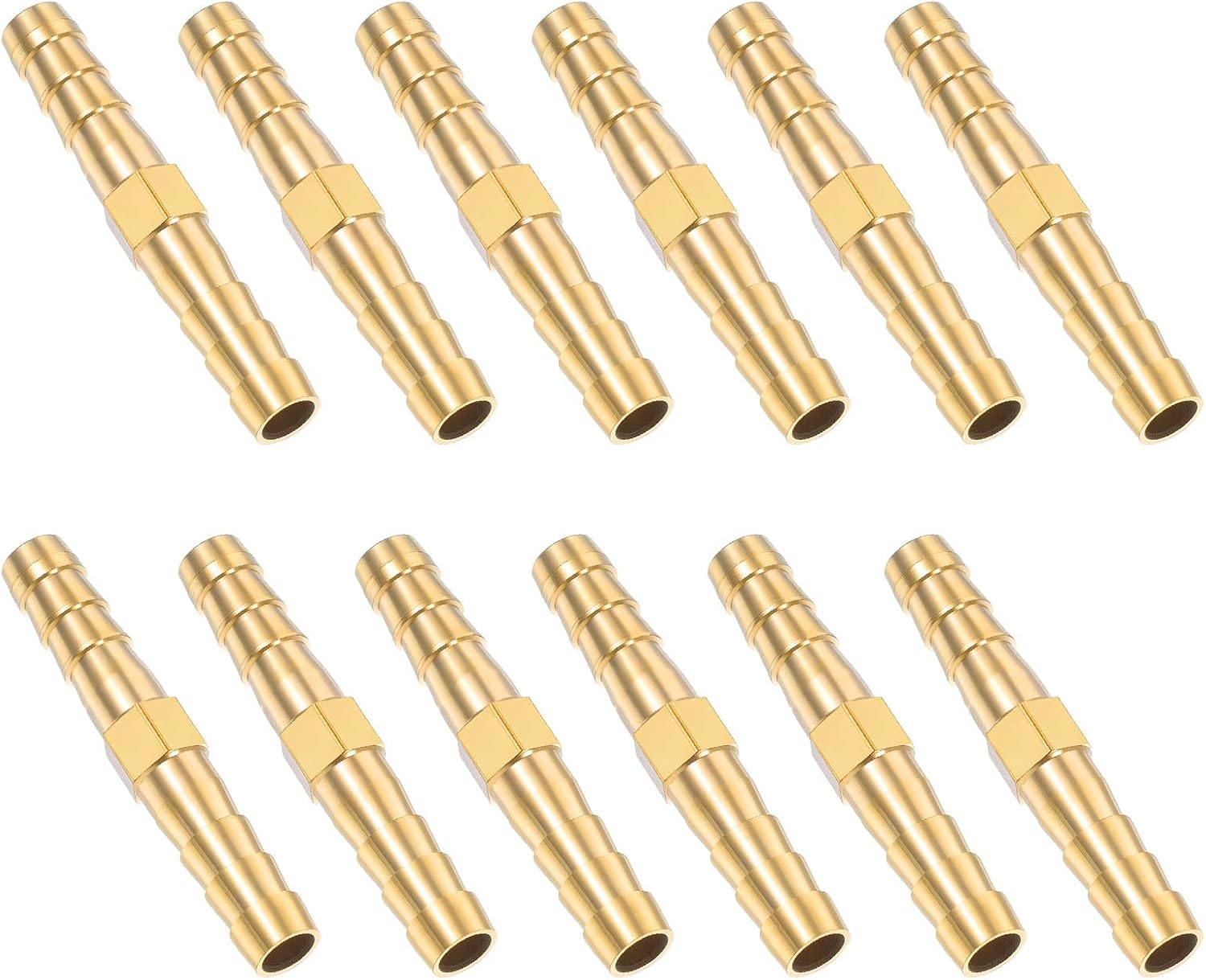 1/4 Inch Hose Barb Fitting, 12 Pcs Brass Splicer Mender Barbed Connector Air Hose Fittings Metal Air Line Repair Kit Garden Straight Watertight Hoses Connectors for Water, Fuel, Oil - Image 1