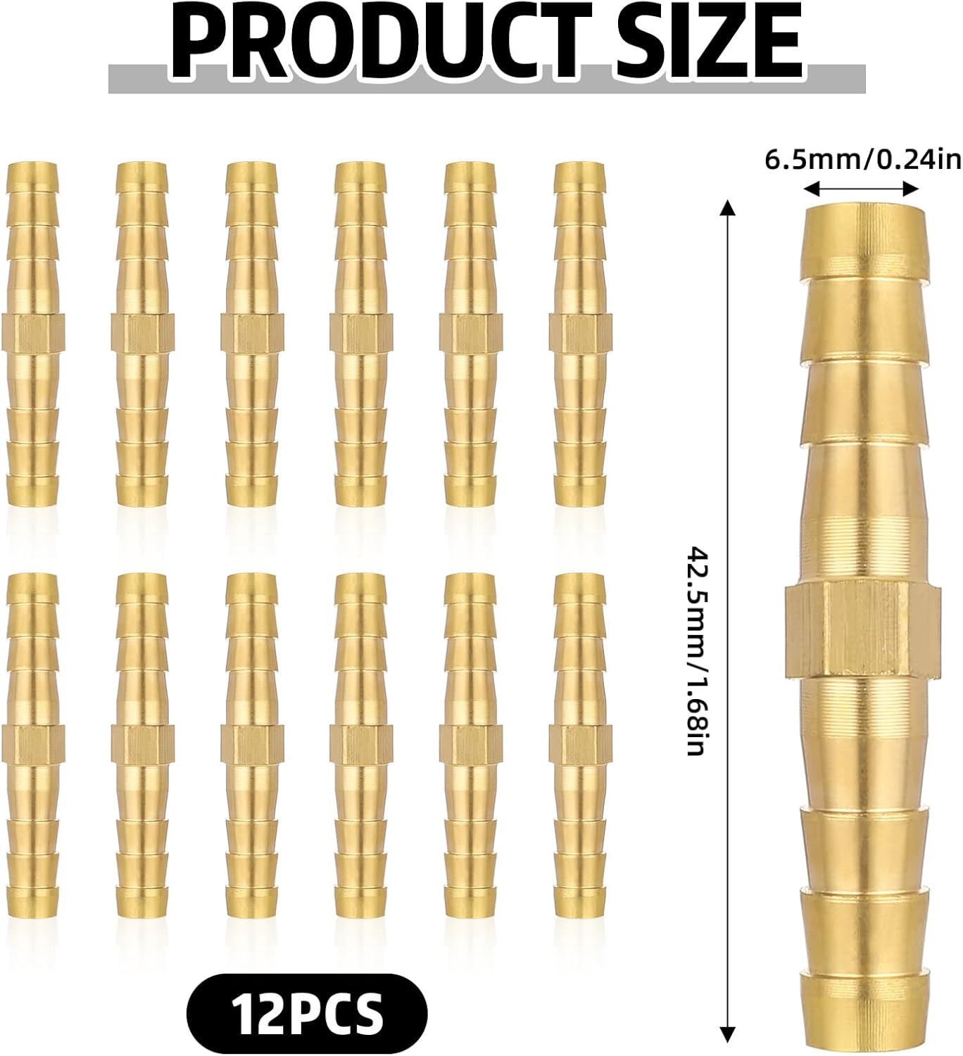 1/4 Inch Hose Barb Fitting, 12 Pcs Brass Splicer Mender Barbed Connector Air Hose Fittings Metal Air Line Repair Kit Garden Straight Watertight Hoses Connectors for Water, Fuel, Oil - Image 2