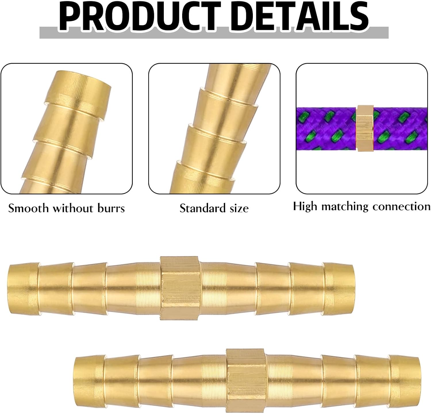 1/4 Inch Hose Barb Fitting, 12 Pcs Brass Splicer Mender Barbed Connector Air Hose Fittings Metal Air Line Repair Kit Garden Straight Watertight Hoses Connectors for Water, Fuel, Oil - Image 3