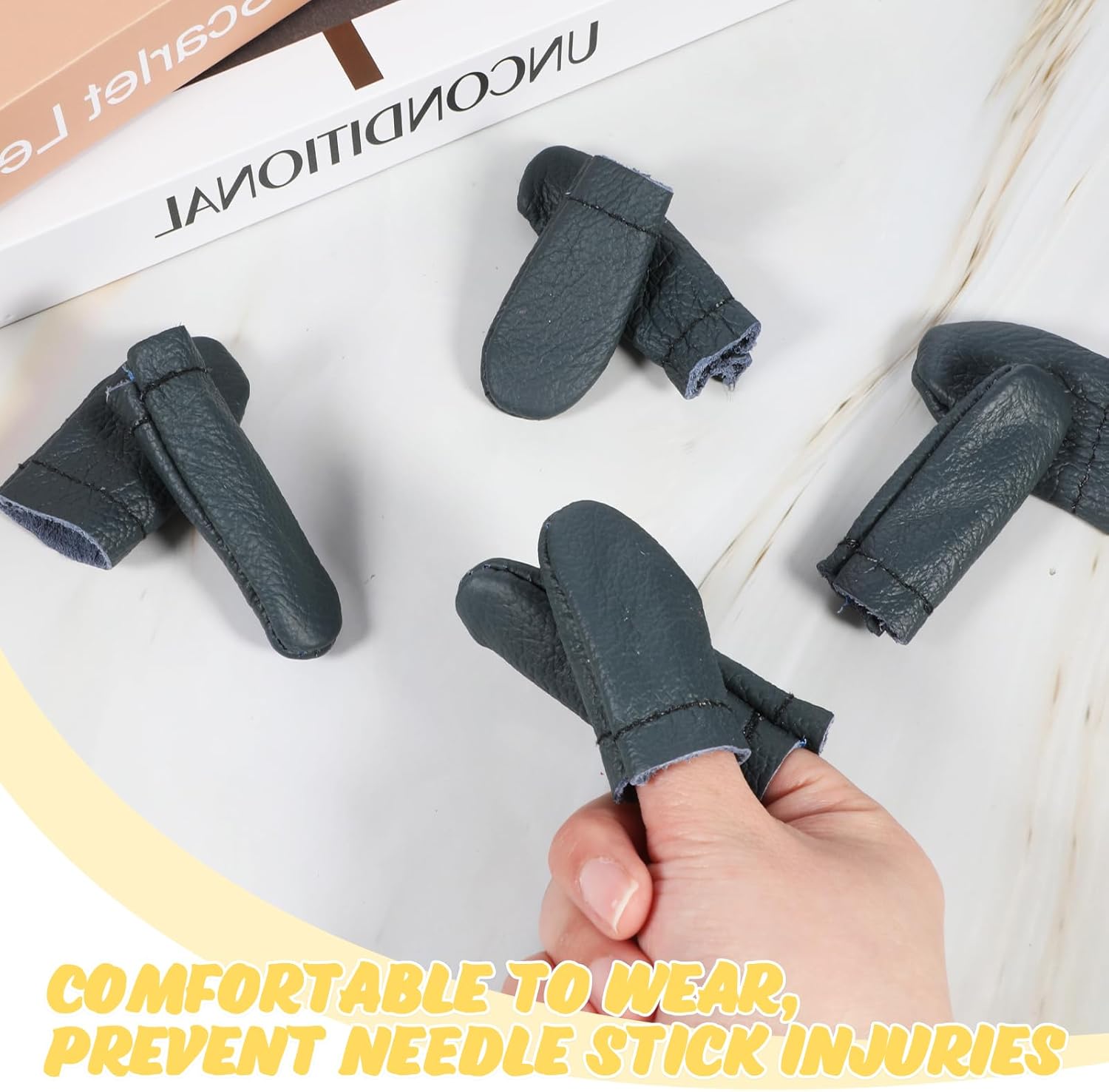 4 Pairs Crochet Finger Protectors, Leather Thimbles for Hand Sewing, Durable Needle Felting Knitting Thimble Guards Felting Tools Finger Protector for Hand Sewing, Embroidery Crafting - Image 2