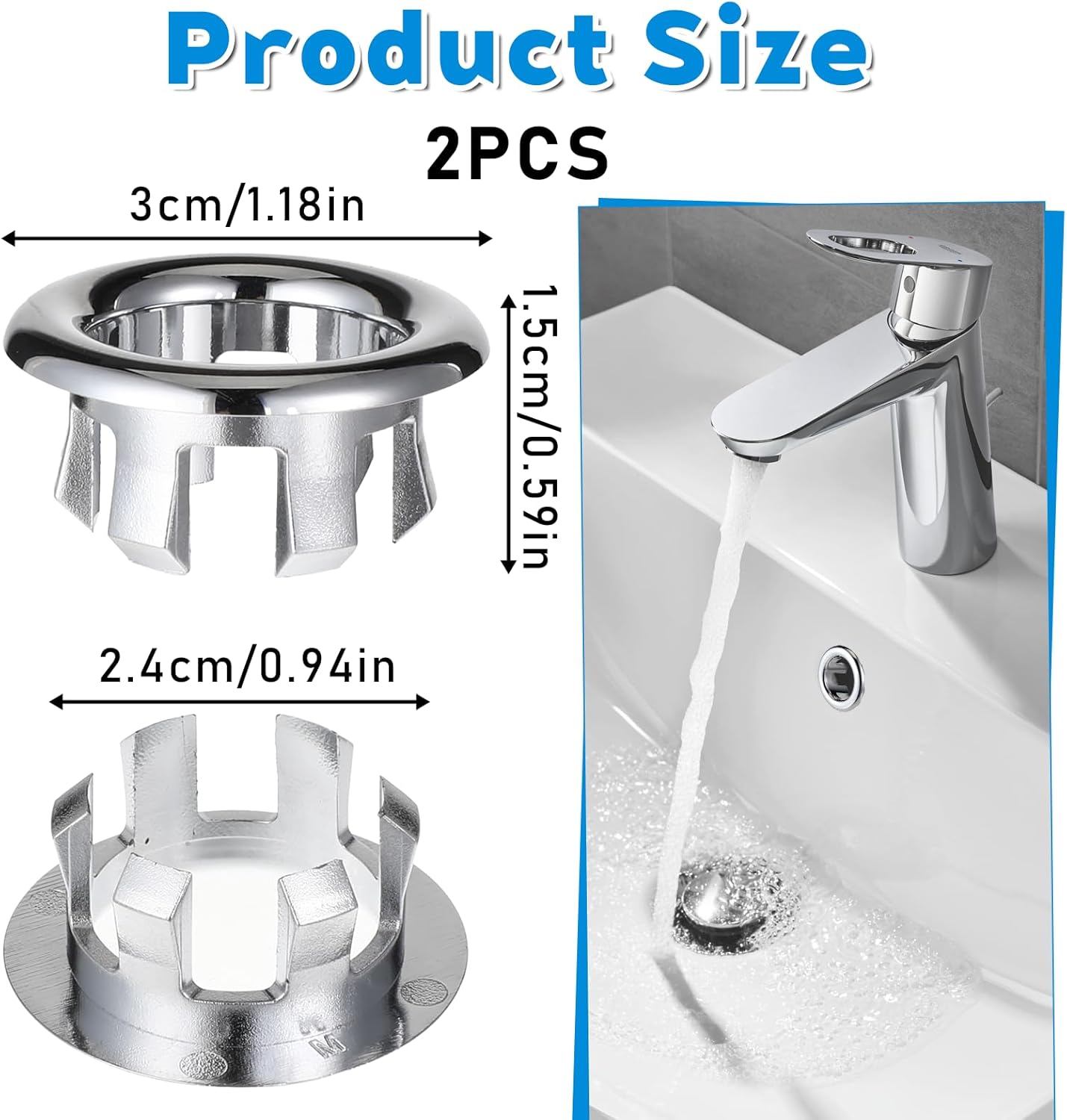 Sink Overflow Ring, 2 Pack Universal Bathroom Kitchen Sink Hole Trim Chrome Drain Cover, Overflow Trim Ring Insert Cap Fits Round Hole Diameter Replacement for Basin Vanity, Ceramic Sinks - Image 3