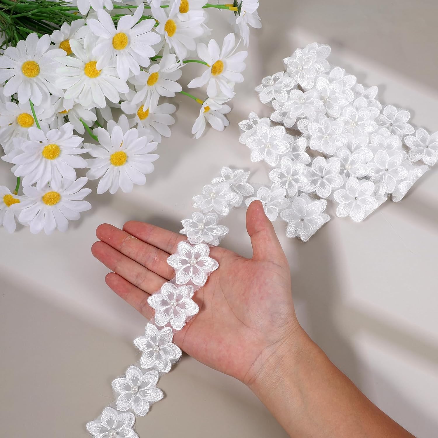 2 Yards White Flower Lace Pearl Trim, Flower Trim Ribbon 3D Pearl Beads Embroidered Floral Applique Fabric Clothes Decoration for DIY Handmade Sewing, Wedding Bridal Dresses, Crafts, Home Decor - Image 1