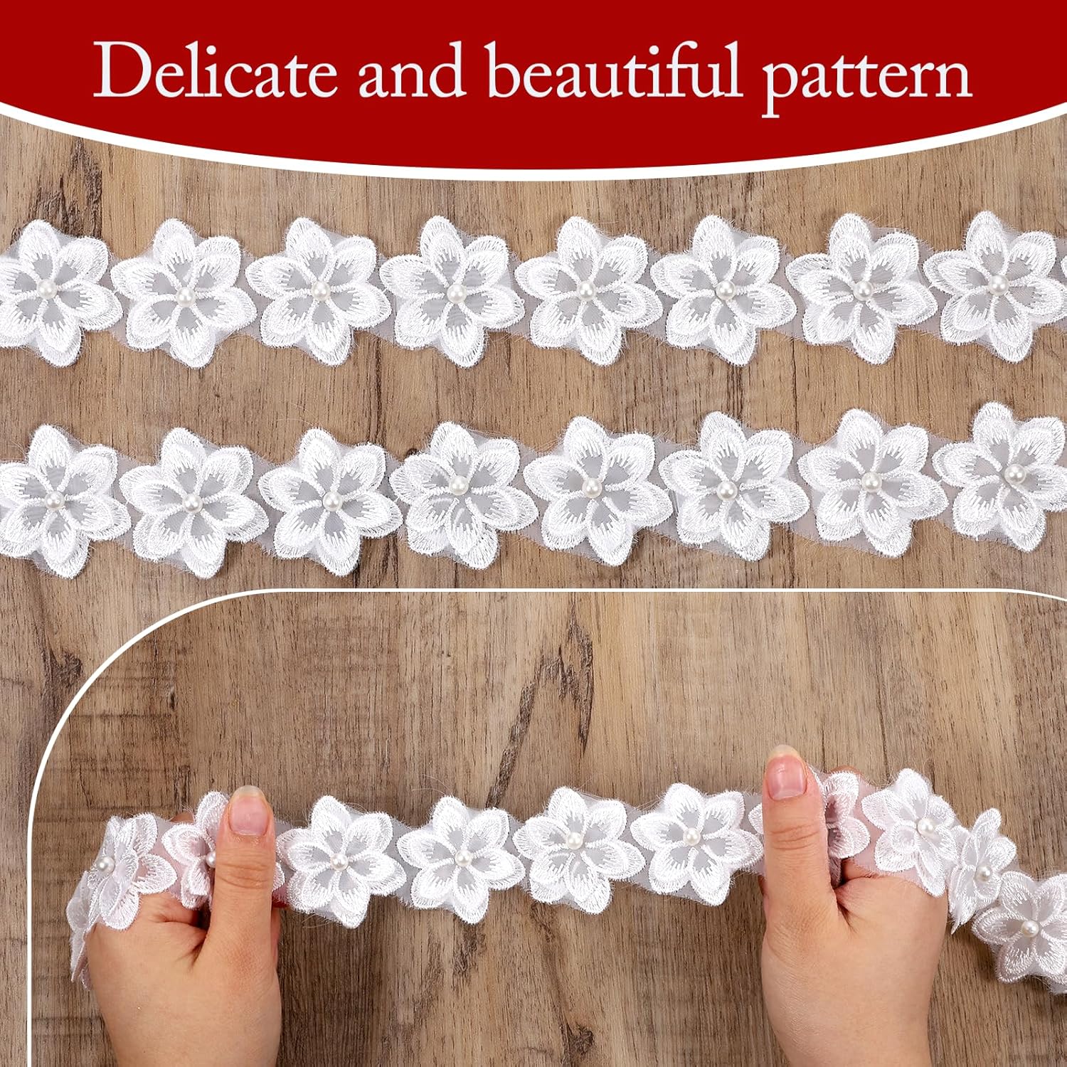 2 Yards White Flower Lace Pearl Trim, Flower Trim Ribbon 3D Pearl Beads Embroidered Floral Applique Fabric Clothes Decoration for DIY Handmade Sewing, Wedding Bridal Dresses, Crafts, Home Decor - Image 2
