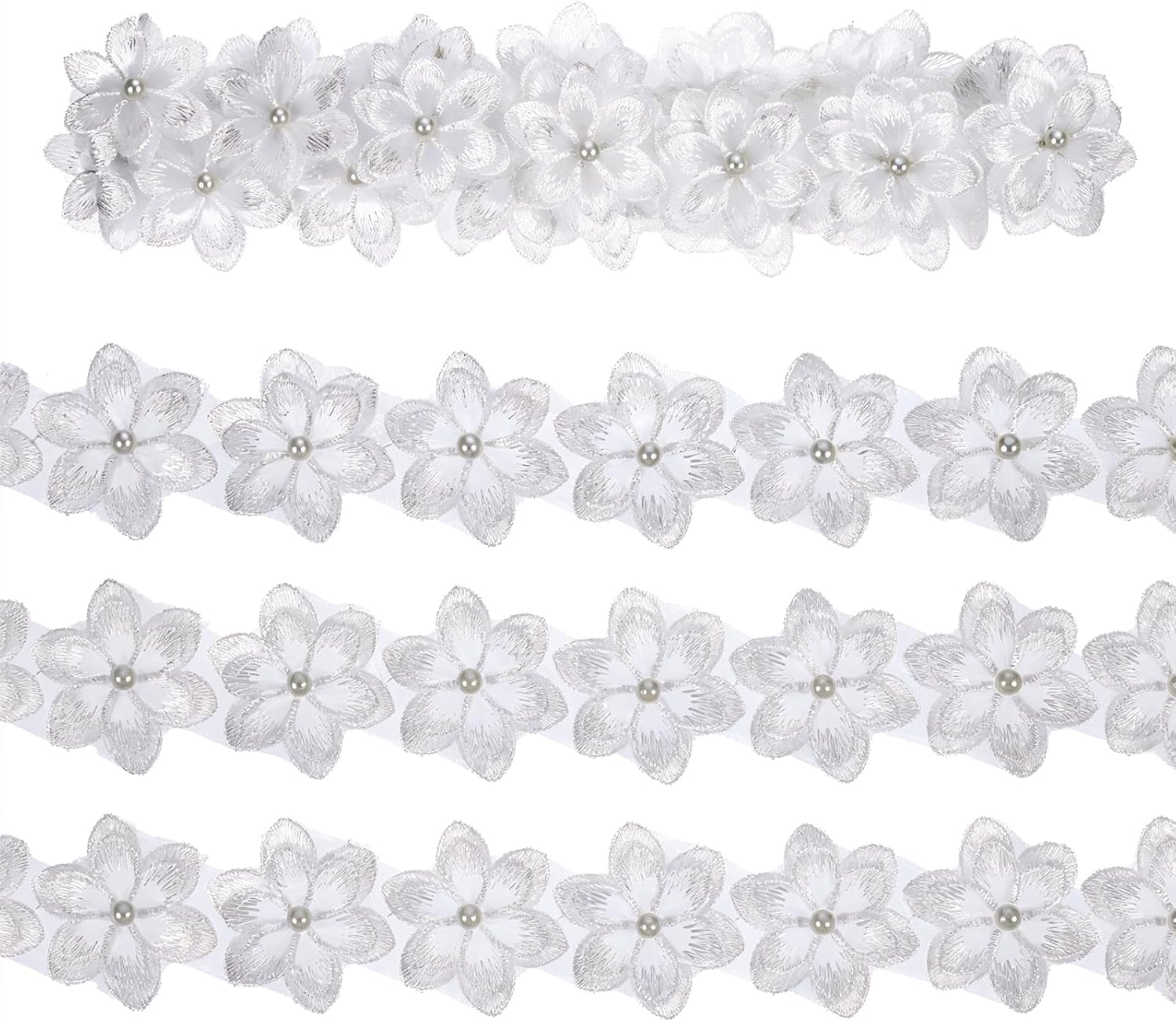 2 Yards White Flower Lace Pearl Trim, Flower Trim Ribbon 3D Pearl Beads Embroidered Floral Applique Fabric Clothes Decoration for DIY Handmade Sewing, Wedding Bridal Dresses, Crafts, Home Decor - Image 7
