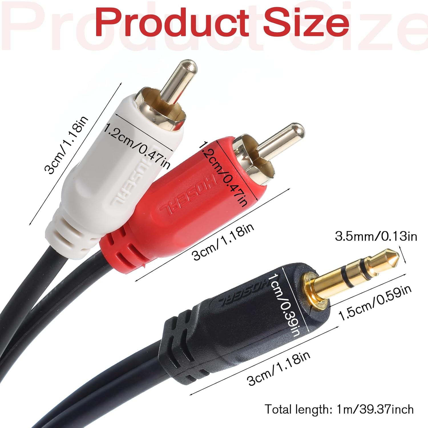 3.5 mm to 2RCA Audio Cable, 3.2 ft/1 m Gold-Plated Plug Stereo Y Splitter Cord, Aux to RCA Cable Audio Jack Adapter for Home Theater, Speakers, TV, Subwoofer, Smartphone, MP3/MP4, DVD Player - Image 2