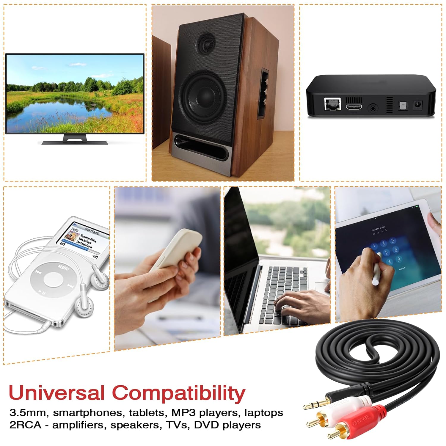 3.5 mm to 2RCA Audio Cable, 3.2 ft/1 m Gold-Plated Plug Stereo Y Splitter Cord, Aux to RCA Cable Audio Jack Adapter for Home Theater, Speakers, TV, Subwoofer, Smartphone, MP3/MP4, DVD Player - Image 6