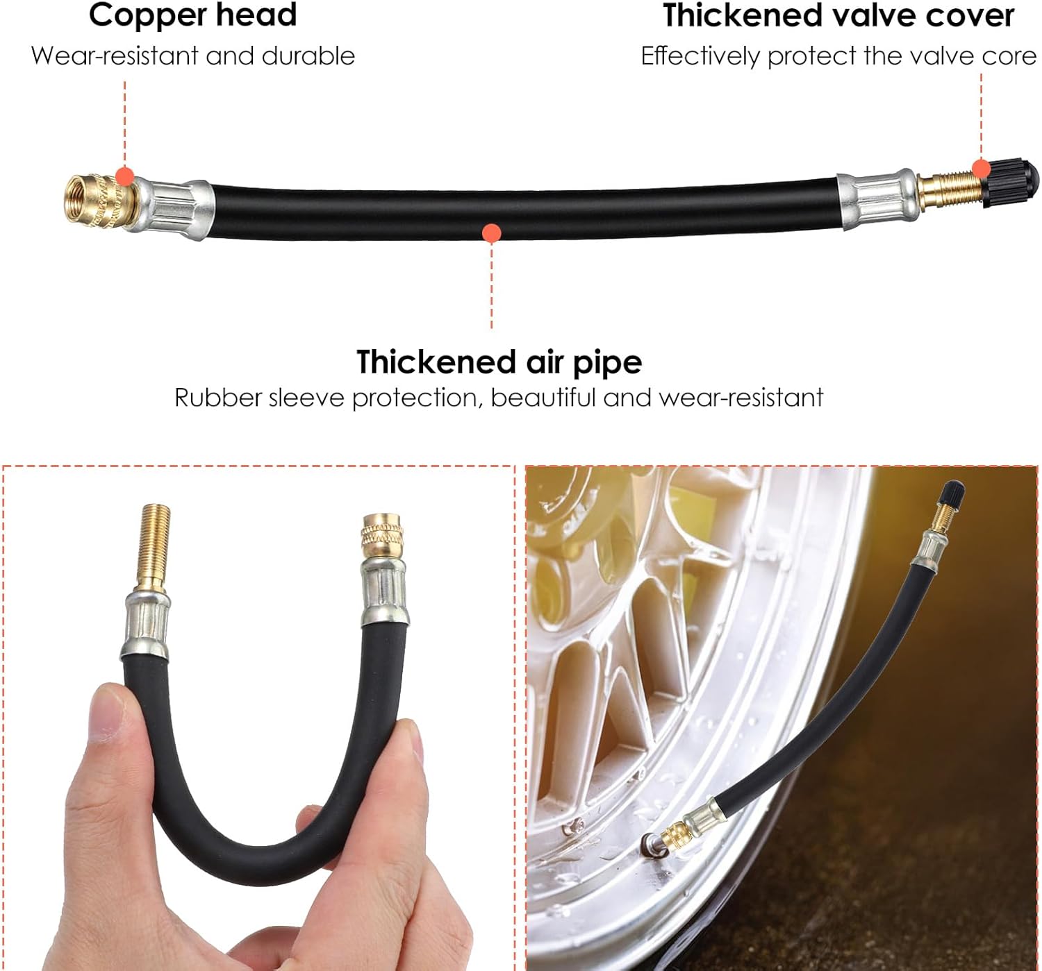 2 Pcs Valve Stem Extension, 8.25 Inch Tire Rubber Valve Extension Tube Extender Flexible Portable Universal Brass Air Inflation Hose Extensions Adapter for Car, Truck, Motorcycle, Bike, Scooter - Image 4
