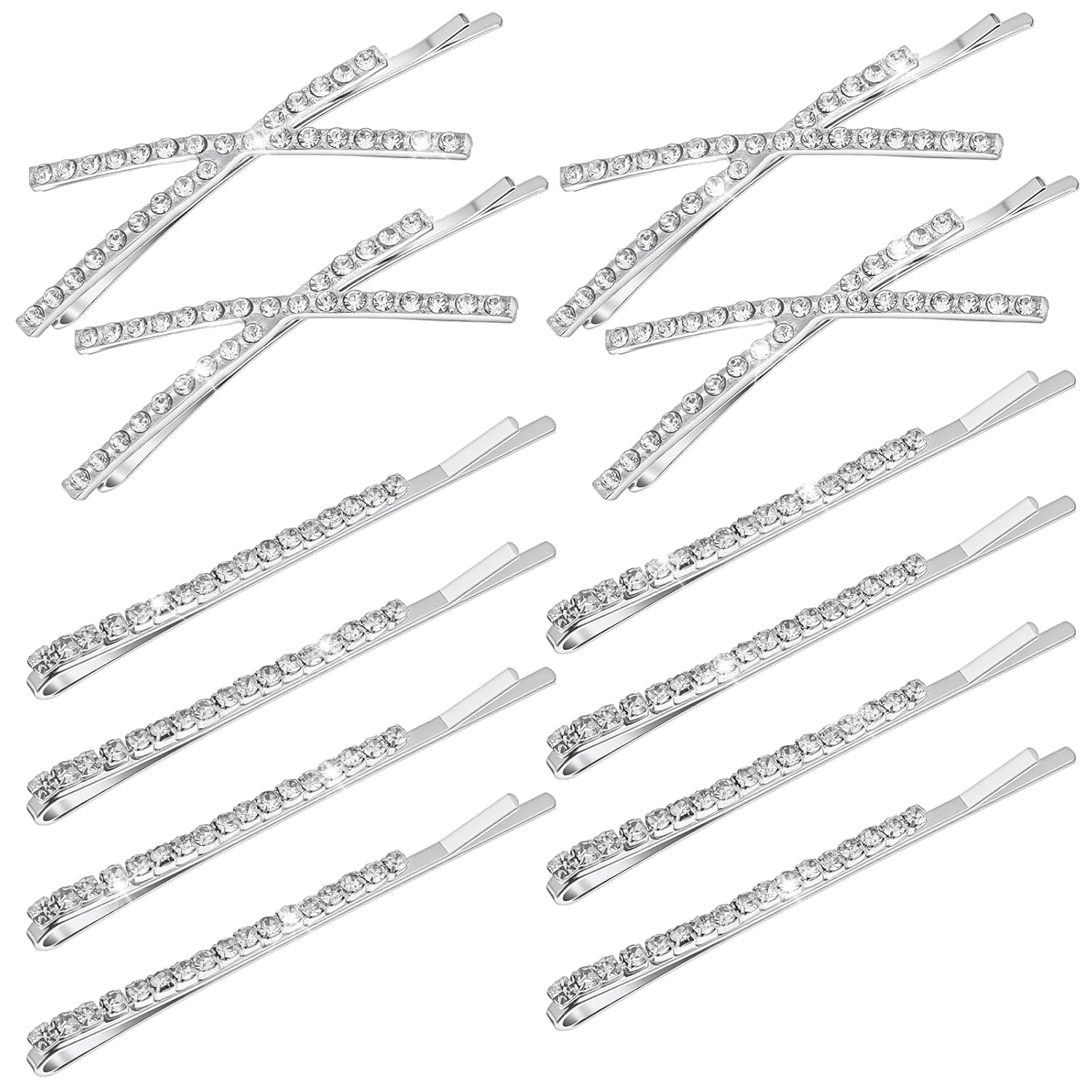 12 Pieces Rhinestone Bobby Pins for Women, Decorative Silver Hair Clips Crystal Shiny X Shaped Barrettes Metal Diamond Bling Hair Accessories for Women Girls Wedding Prom Party - Image 1