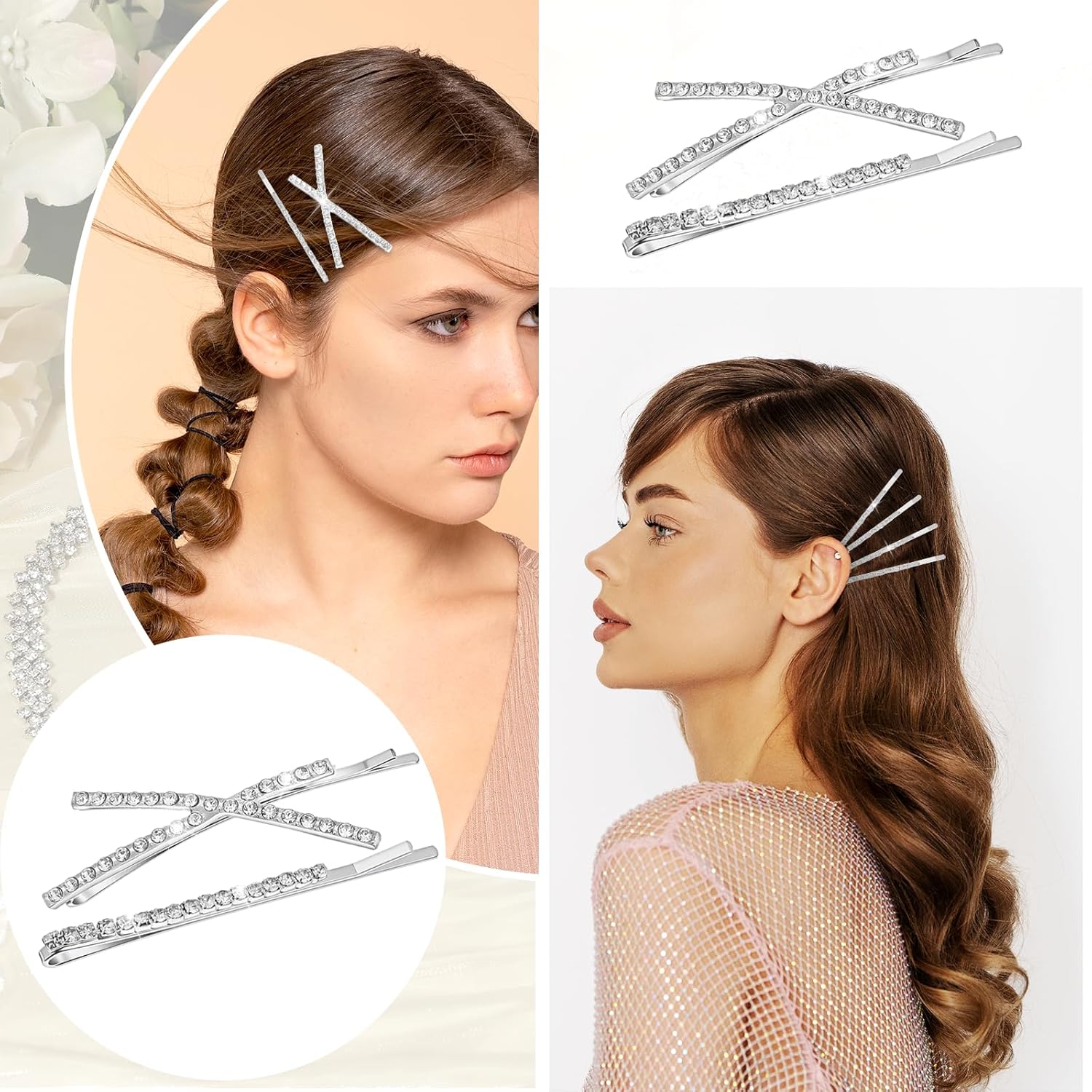 12 Pieces Rhinestone Bobby Pins for Women, Decorative Silver Hair Clips Crystal Shiny X Shaped Barrettes Metal Diamond Bling Hair Accessories for Women Girls Wedding Prom Party - Image 4