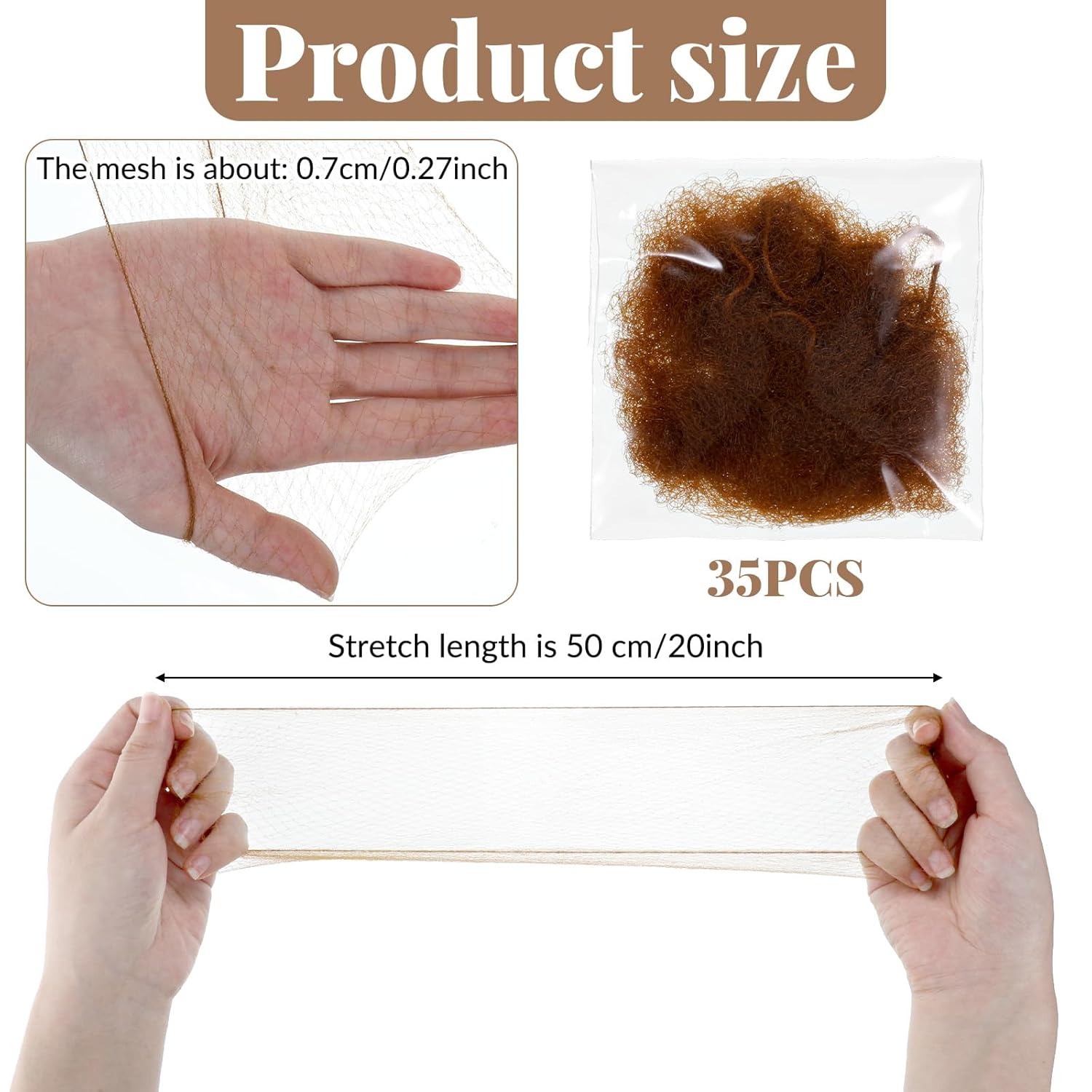 Hair Nets, 35 Pcs Invisible Hair Net for Buns, 20 Inch Strong Nylon Elastic Mesh Wig Nets Hairnet Hairs Accessories for Women Men Ballet, Food Service Workers, Kitchen Daily Styling (Brown) - Image 3