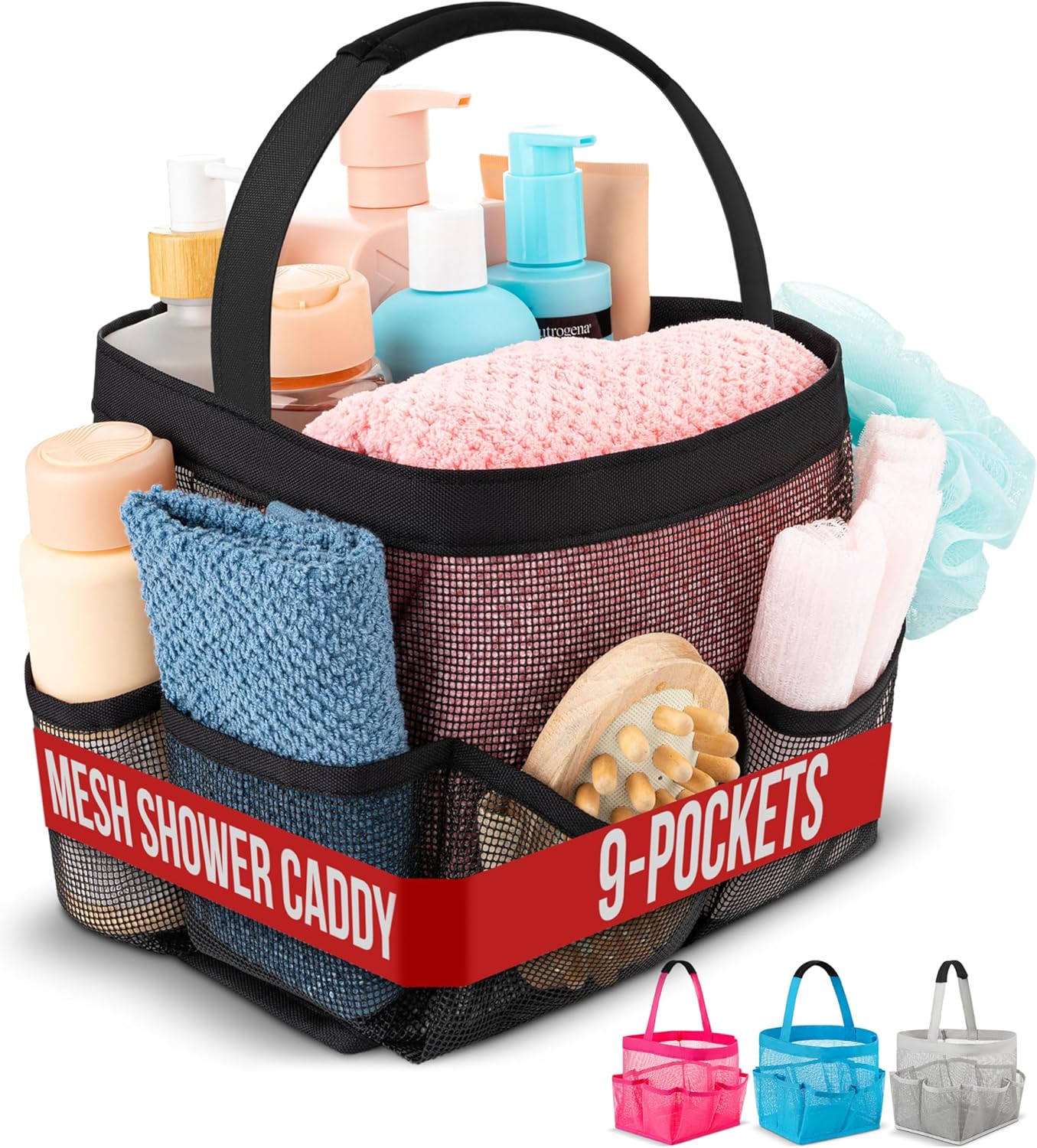 Shower Caddy Mesh - 9 Pocket Portable Bathroom Organizer Tote for Travel, Gym & Dorm - Collapsible Small Shower Caddy Bag to Hold Toiletries & Essentials (Black) - Image 1