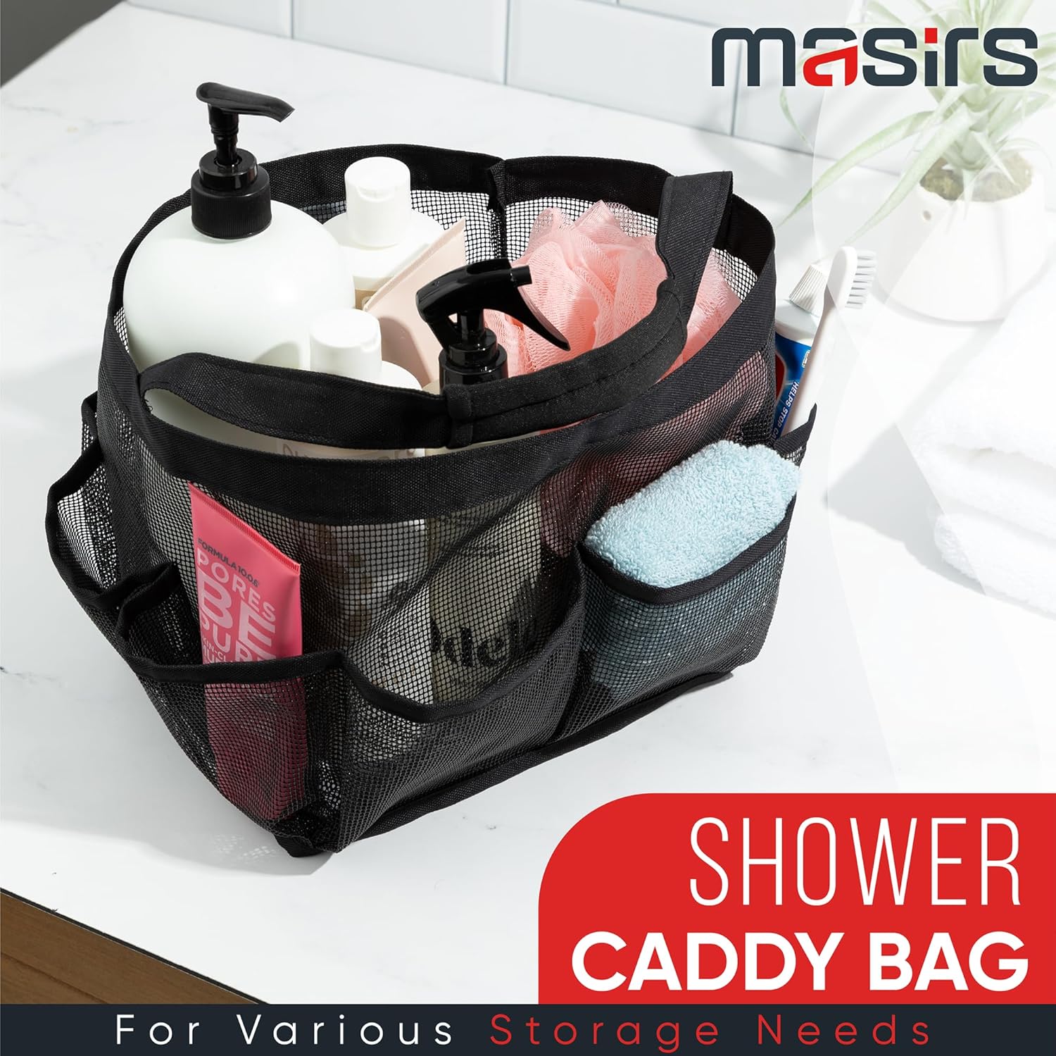 Shower Caddy Mesh - 9 Pocket Portable Bathroom Organizer Tote for Travel, Gym & Dorm - Collapsible Small Shower Caddy Bag to Hold Toiletries & Essentials (Black) - Image 2