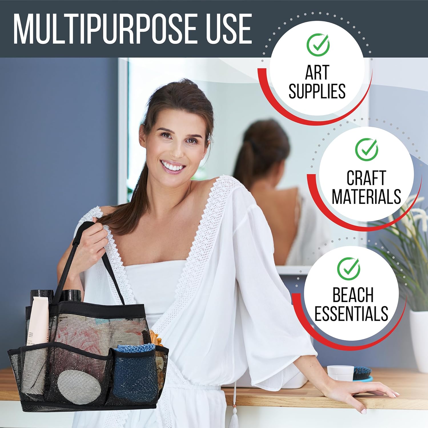 Shower Caddy Mesh - 9 Pocket Portable Bathroom Organizer Tote for Travel, Gym & Dorm - Collapsible Small Shower Caddy Bag to Hold Toiletries & Essentials (Black) - Image 4