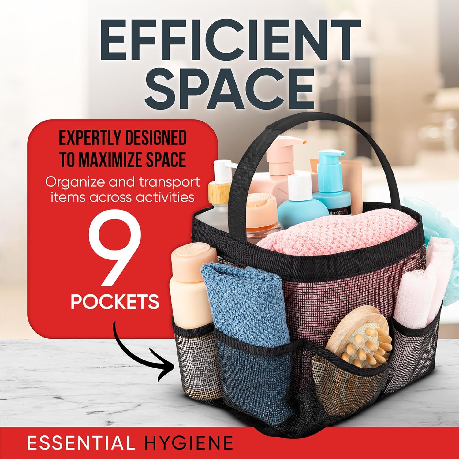 Shower Caddy Mesh - 9 Pocket Portable Bathroom Organizer Tote for Travel, Gym & Dorm - Collapsible Small Shower Caddy Bag to Hold Toiletries & Essentials (Black) - Image 5