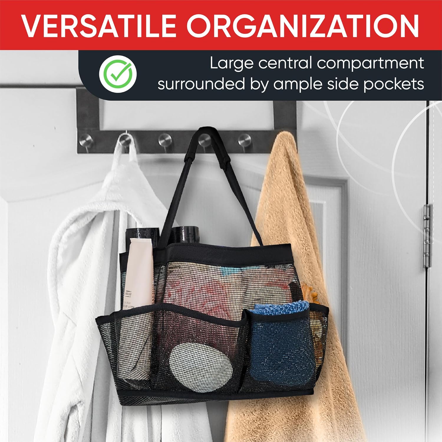 Shower Caddy Mesh - 9 Pocket Portable Bathroom Organizer Tote for Travel, Gym & Dorm - Collapsible Small Shower Caddy Bag to Hold Toiletries & Essentials (Black) - Image 6