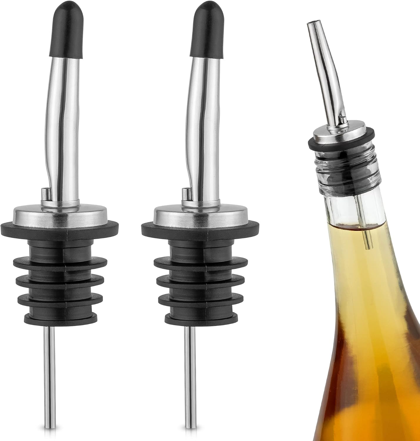 Zulay 2 Pack Stainless Steel Liquor Pourers with Rubber Dust Caps - Tapered Spout Liquor Bottle Pourers for Alcohol - Pour Spout For Liquor Bottles, Olive Oil Dispensers, Syrup, Vinegar, Juice - Image 1
