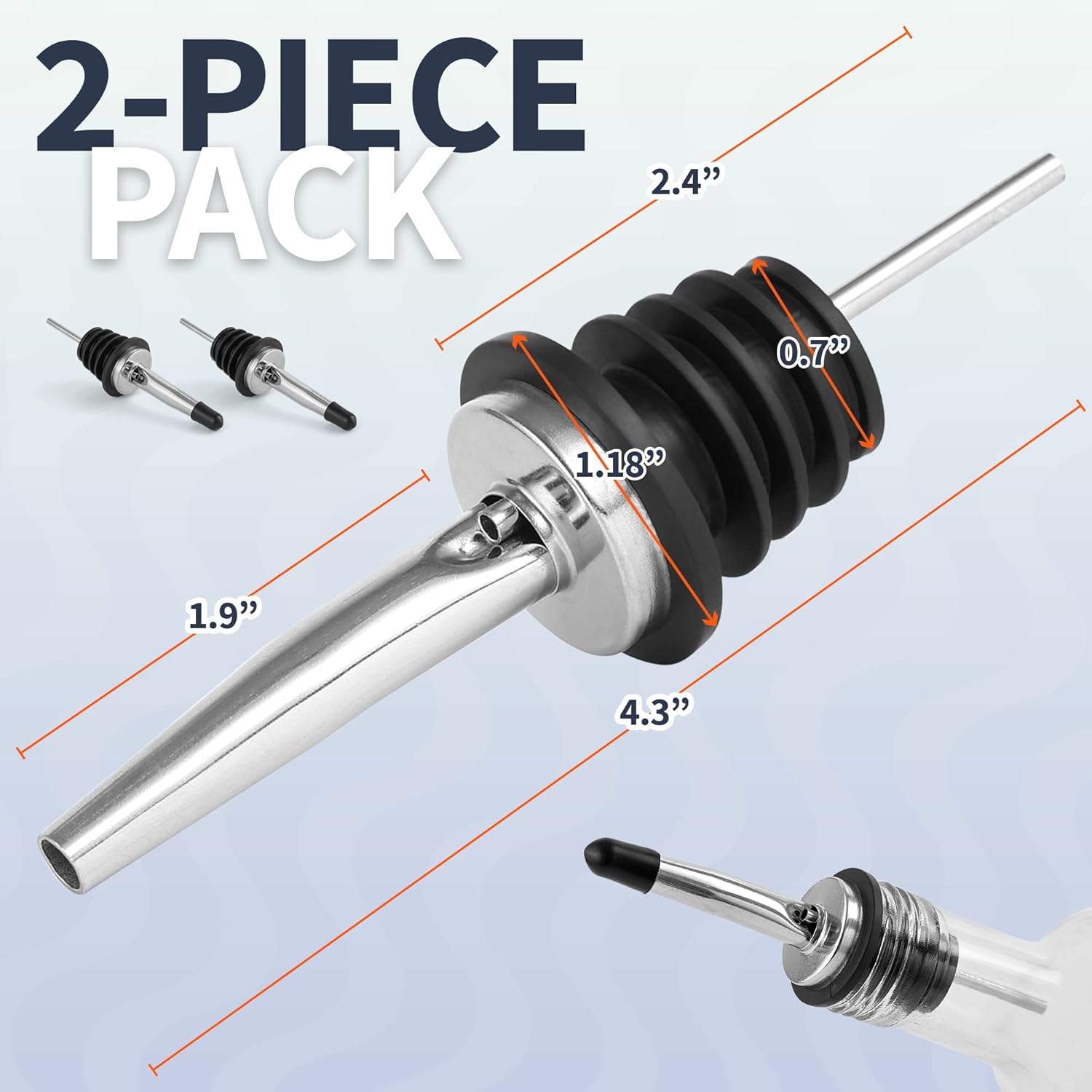 Zulay 2 Pack Stainless Steel Liquor Pourers with Rubber Dust Caps - Tapered Spout Liquor Bottle Pourers for Alcohol - Pour Spout For Liquor Bottles, Olive Oil Dispensers, Syrup, Vinegar, Juice - Image 2