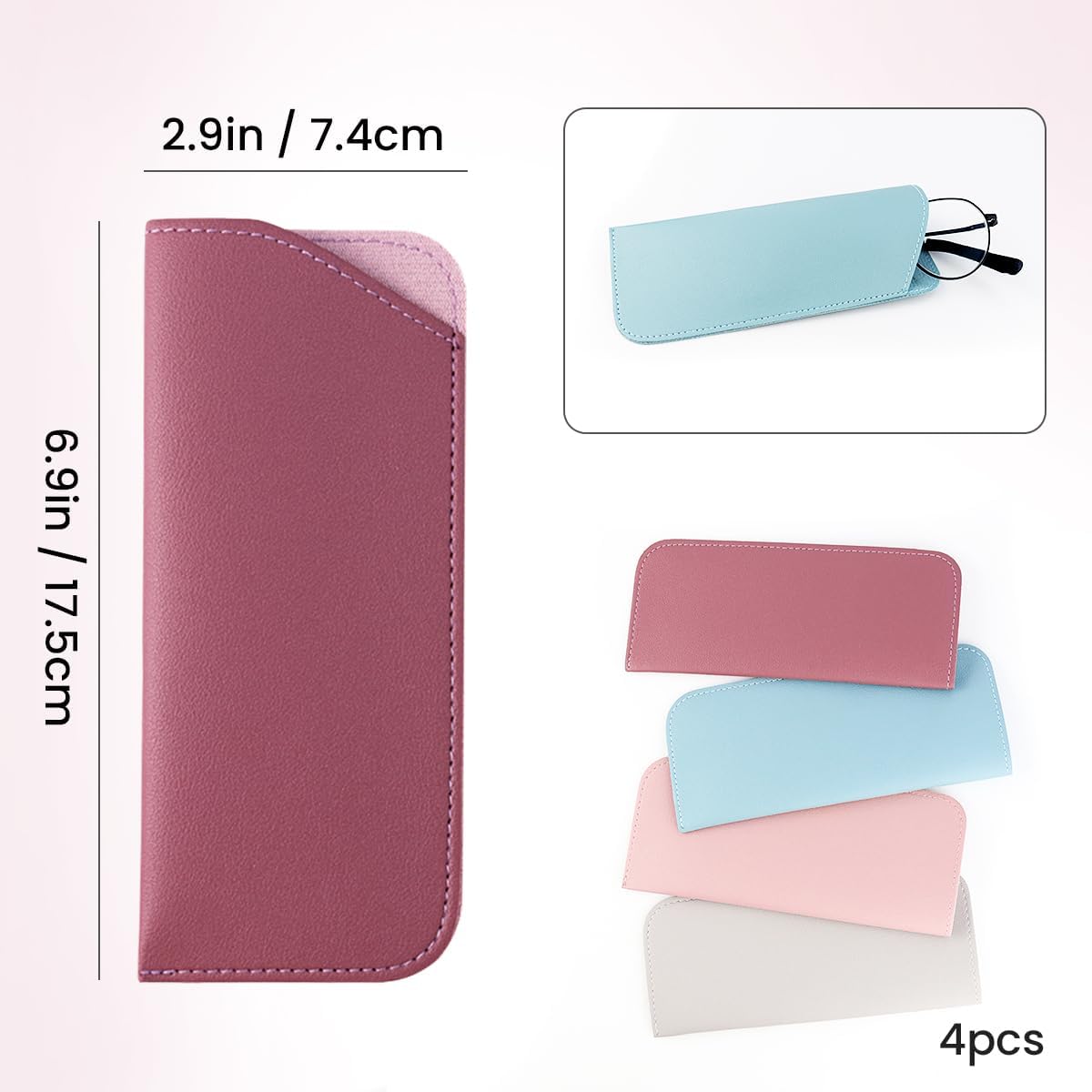 4 Pack Soft Leather Glasses Case 7x3 Inch Eyeglasses Pouch Portable PU Leather Glasses Pouch - Image 2
