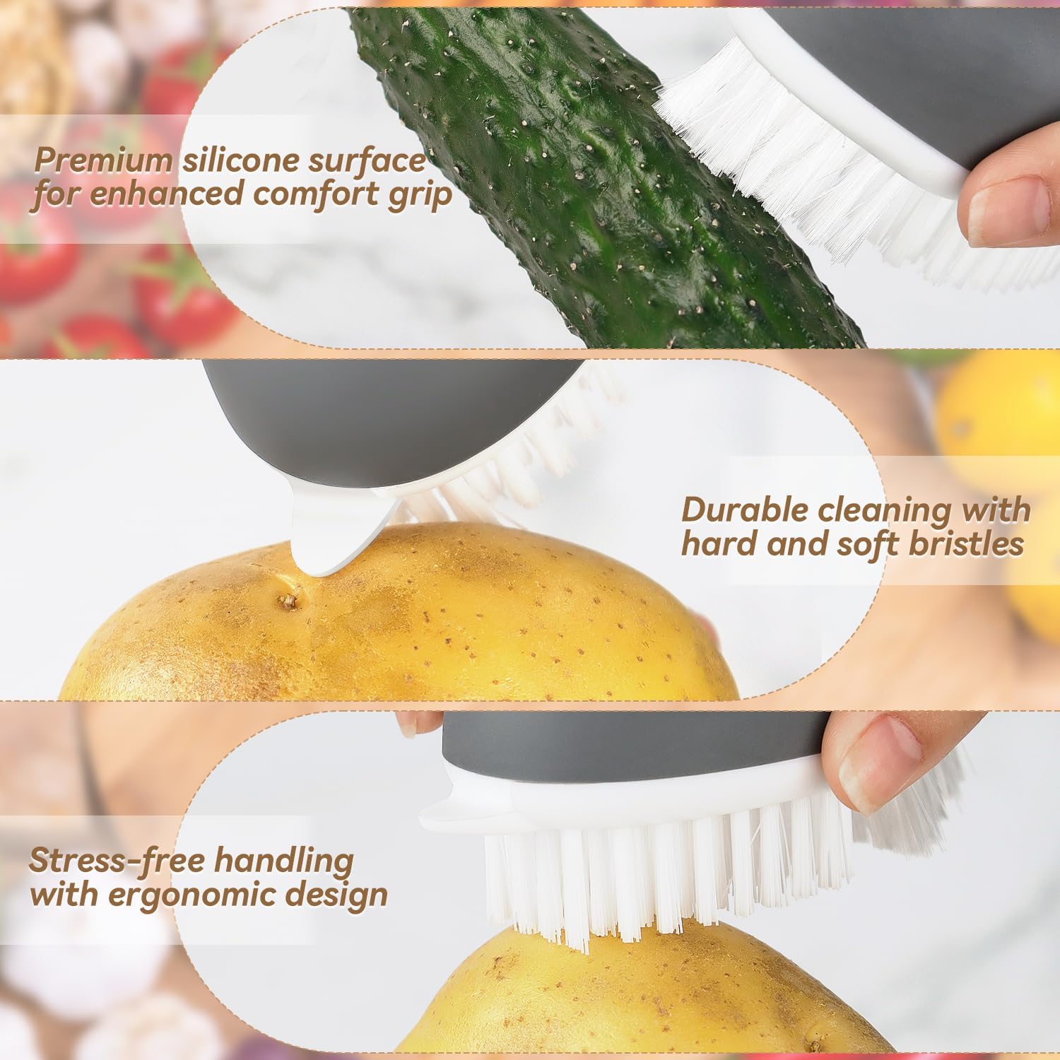 Vegetable Brush Potato Scrubber Brush Non Slip Comfortable Fruit Cleaning Tools for Washing Fruit Mushrooms Carrot or Tough-Skinned Vegetables (1 Pack Grey) - Image 4