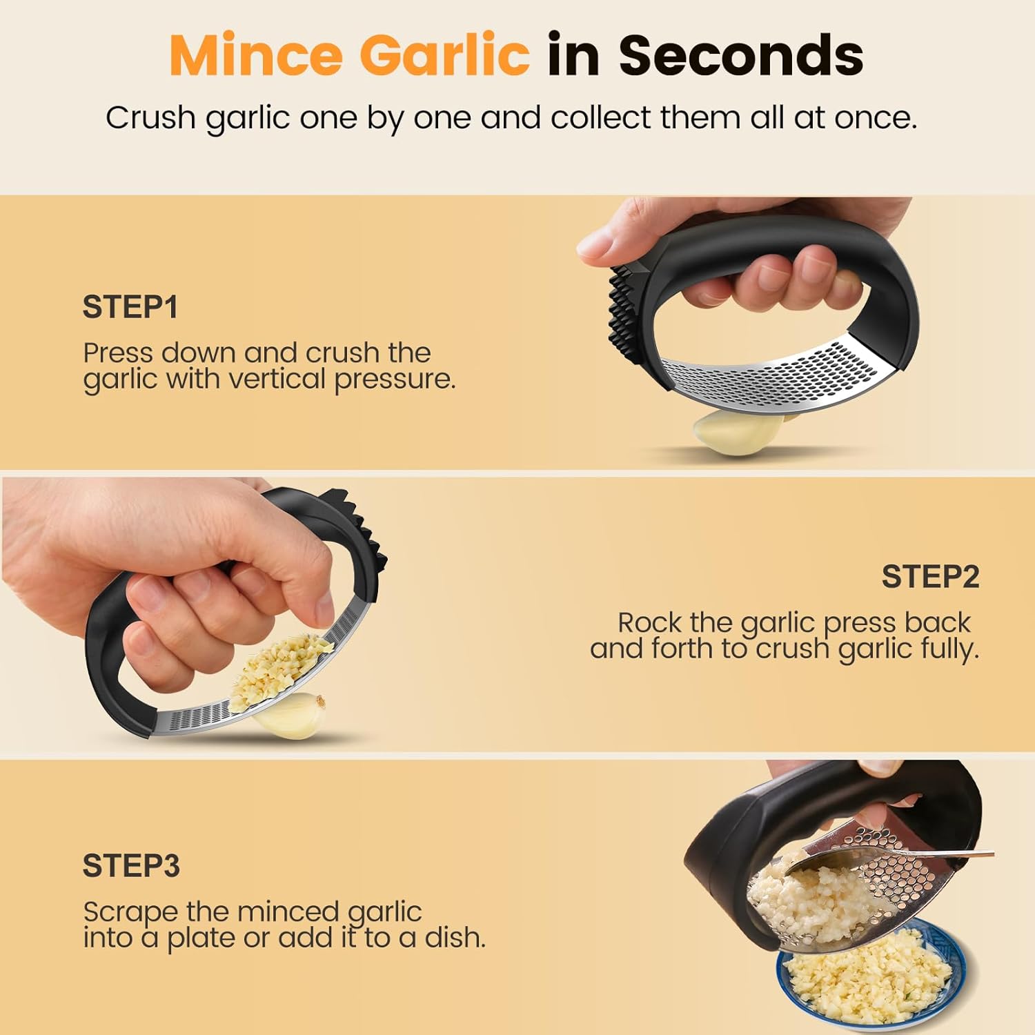 Garlic Press,Stainless Steel Garlic Mincer Crusher,Easy to Use and Clean,Ergonomic Handle,Easy Kitchen Gadget for Effortless Smashing,Kitchen Essentials,Home and Kitchen Utensils Accessories,Cooking - Image 3
