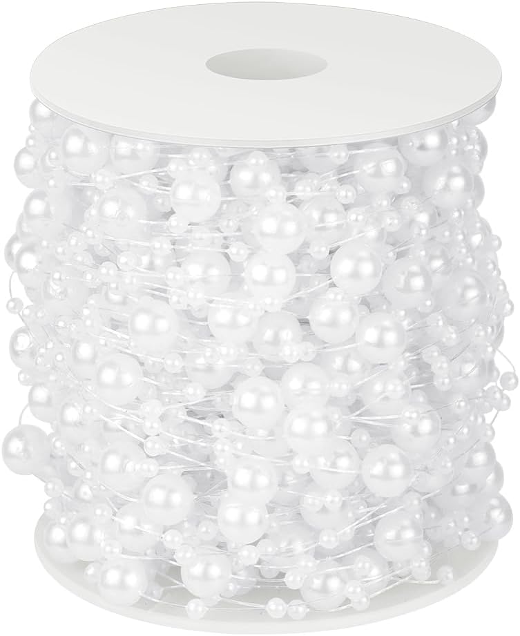 100 Feet Faux Pearls String Beads Fishing Line Artificial Decoration Pearl Strand Roll Beaded for Wedding Valentine Decoration DIY Accessories Party Supplies (White) - Image 1