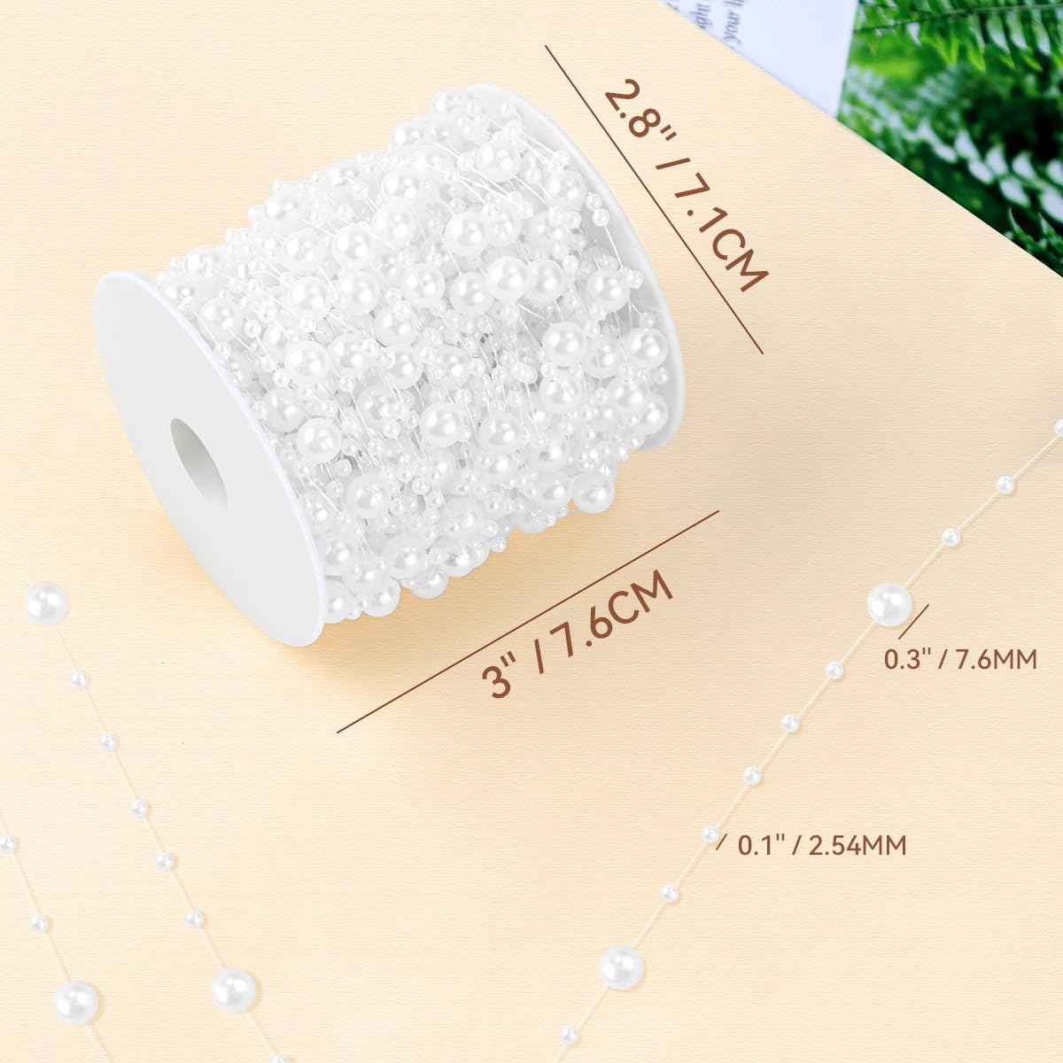 100 Feet Faux Pearls String Beads Fishing Line Artificial Decoration Pearl Strand Roll Beaded for Wedding Valentine Decoration DIY Accessories Party Supplies (White) - Image 2