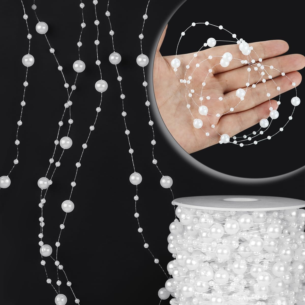 100 Feet Faux Pearls String Beads Fishing Line Artificial Decoration Pearl Strand Roll Beaded for Wedding Valentine Decoration DIY Accessories Party Supplies (White) - Image 3