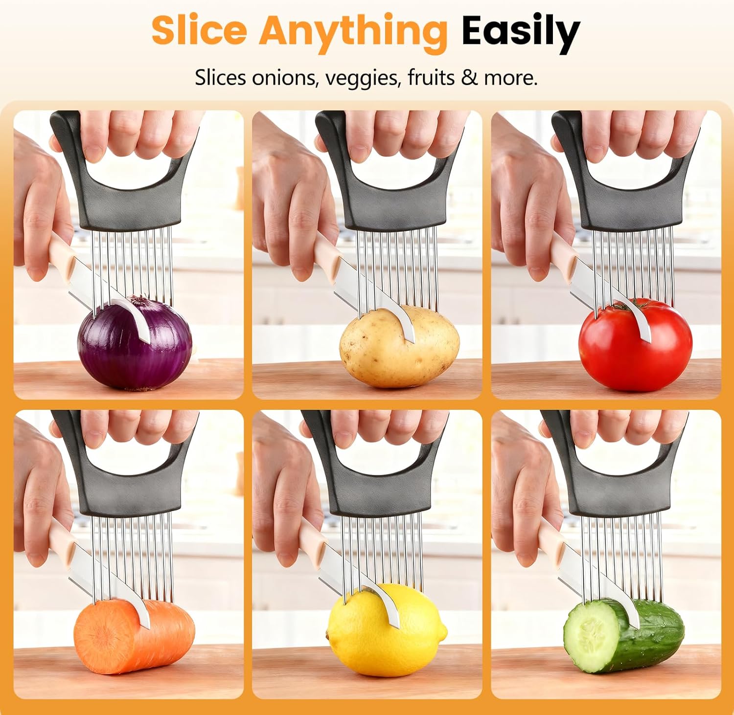 Onion Holder for Slicing, 304 Stainless Steel Onion Slicer Holder, Tomato & Vegetable Cutter, Fruit Slicer & Meat Tenderizer, Ergonomic Kitchen Gadget for Safe, Even & Odor-Free Cutting, Home Cooking - Image 2