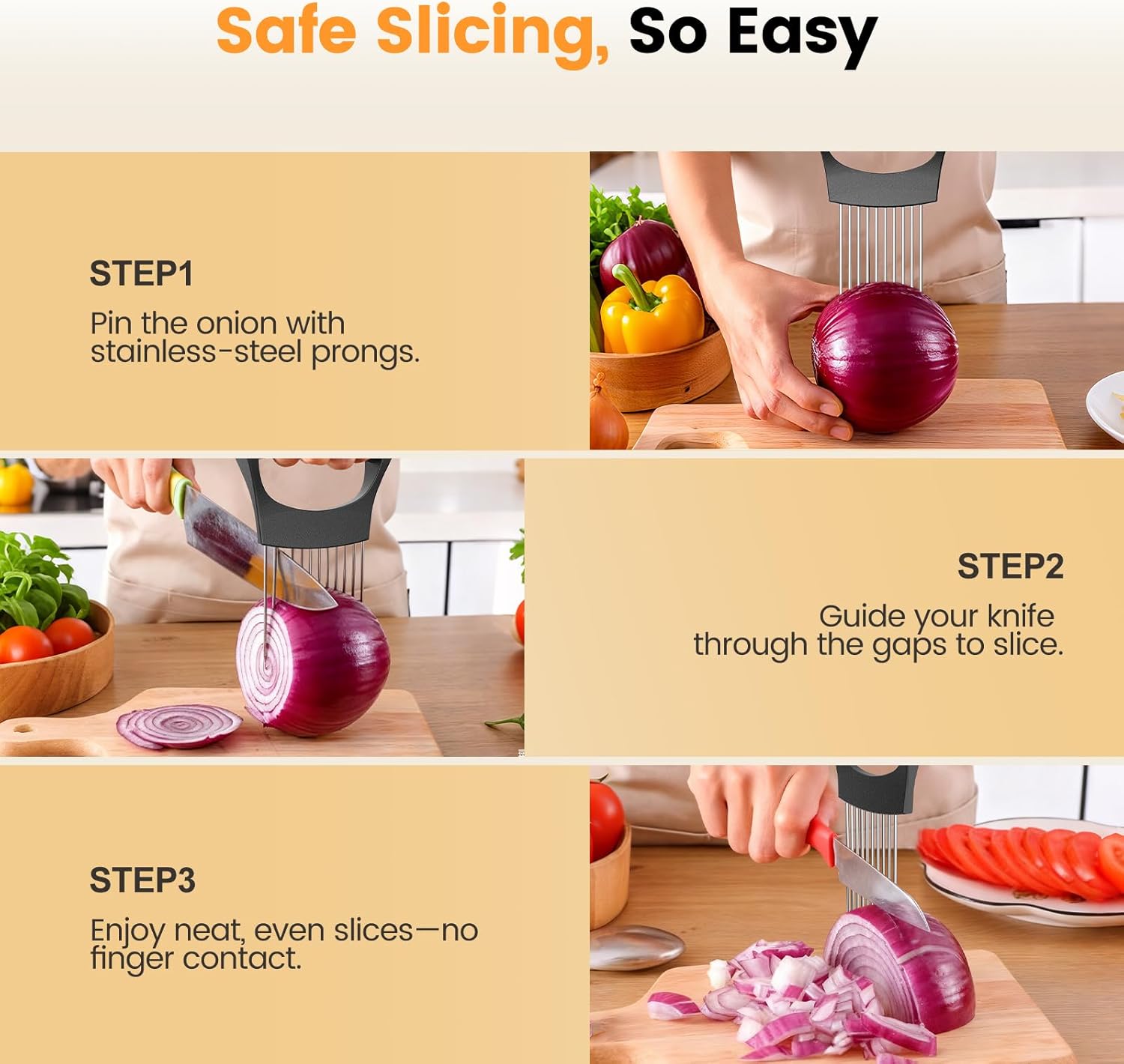 Onion Holder for Slicing, 304 Stainless Steel Onion Slicer Holder, Tomato & Vegetable Cutter, Fruit Slicer & Meat Tenderizer, Ergonomic Kitchen Gadget for Safe, Even & Odor-Free Cutting, Home Cooking - Image 6