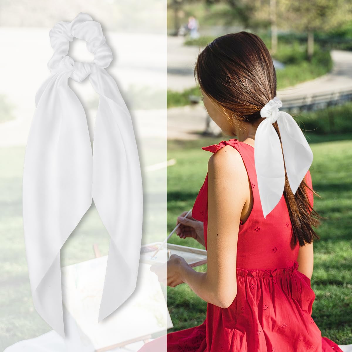 2 Pcs Knotted Bow Satin Hair Scrunchie Hair Scarf with Tail Hair Scrunchies Elastic Hair Scarf Ponytail Holder for Women and Girls (White) - Image 2