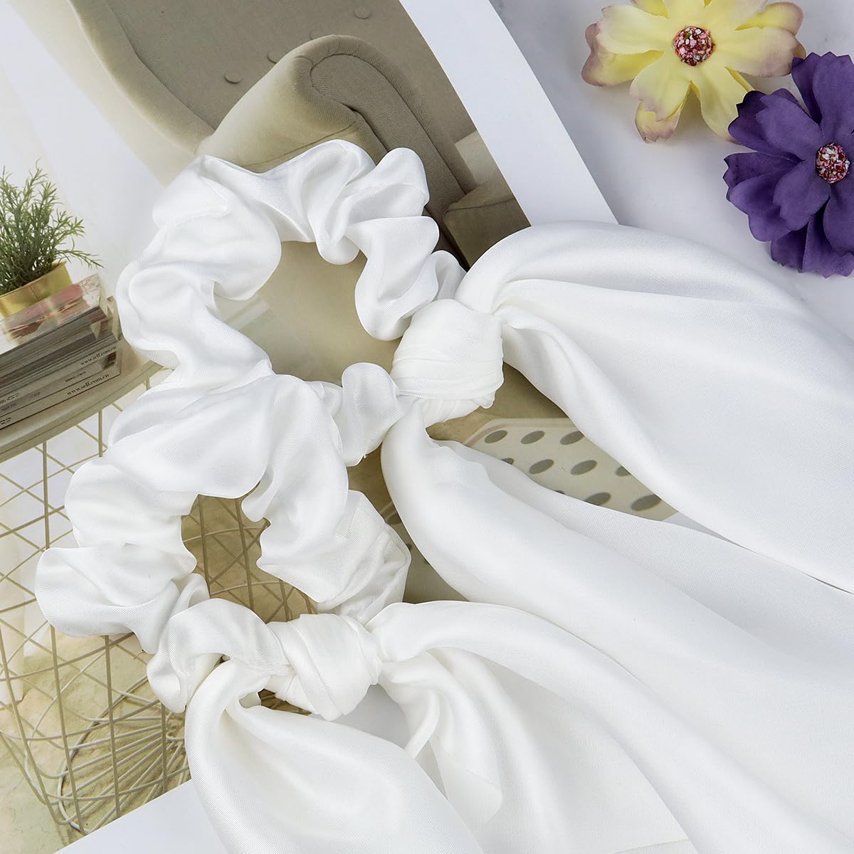 2 Pcs Knotted Bow Satin Hair Scrunchie Hair Scarf with Tail Hair Scrunchies Elastic Hair Scarf Ponytail Holder for Women and Girls (White) - Image 5