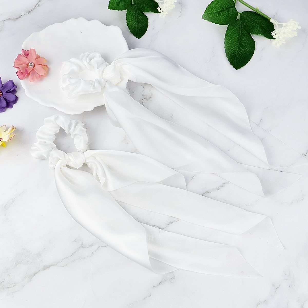 2 Pcs Knotted Bow Satin Hair Scrunchie Hair Scarf with Tail Hair Scrunchies Elastic Hair Scarf Ponytail Holder for Women and Girls (White) - Image 6