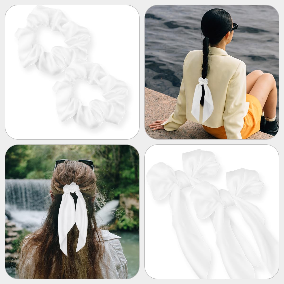 2 Pcs Knotted Bow Satin Hair Scrunchie Hair Scarf with Tail Hair Scrunchies Elastic Hair Scarf Ponytail Holder for Women and Girls (White) - Image 7