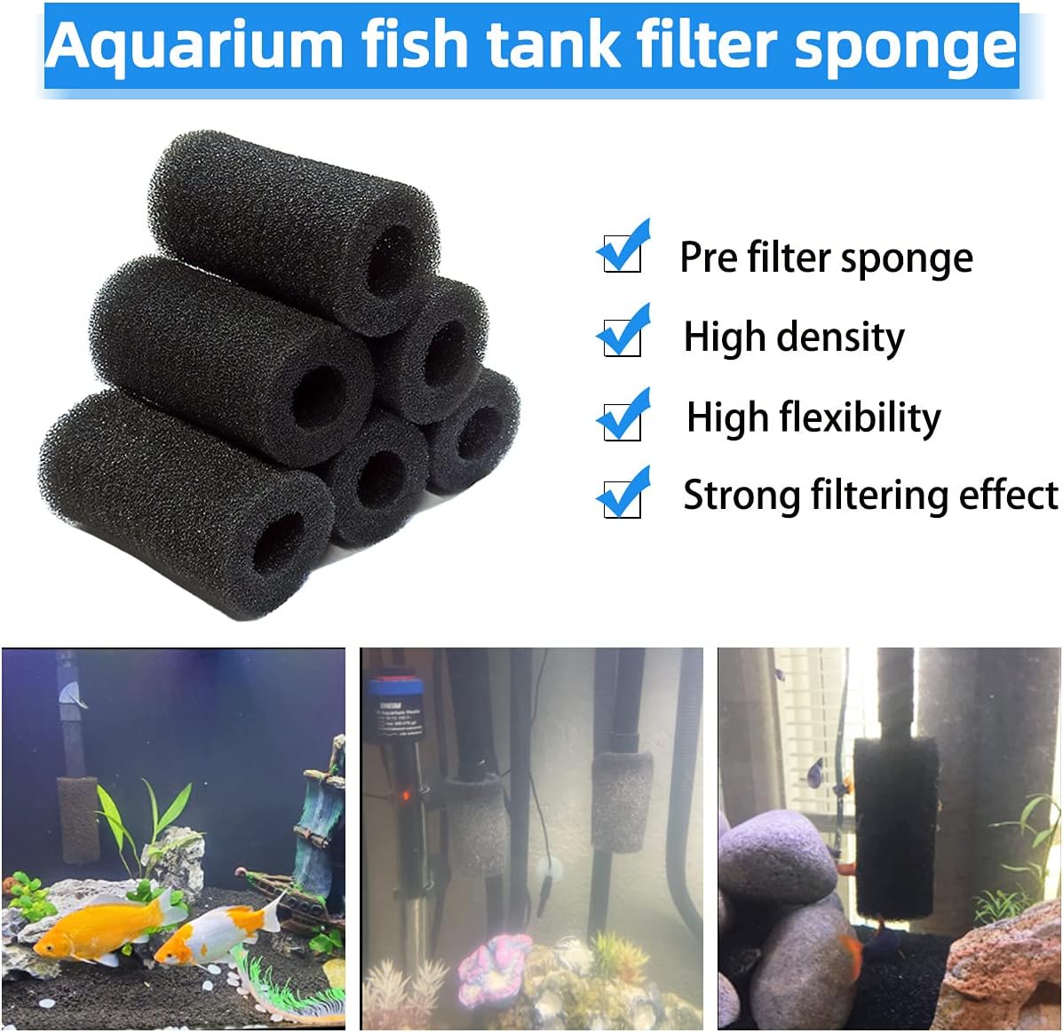 6pcs Pre-Filter Sponge, Pre Filter Foam Sponge Roll for Aquarium Fish Tank (6 x 3.5cm /2.4x1.4 inch) - Image 3