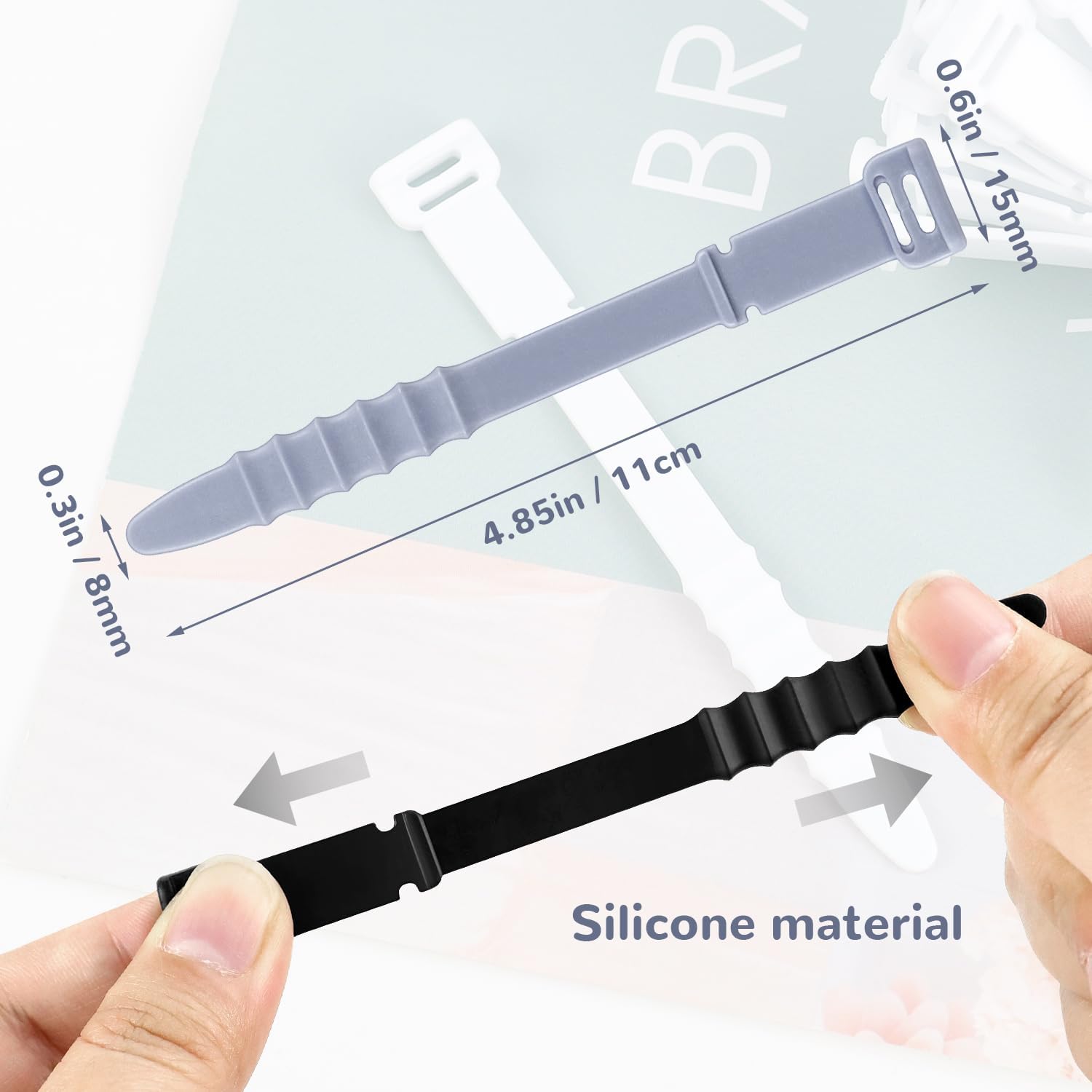30Pcs Silicone Zip Ties Rubber Cable Ties 4.5 inch Reusable Zip Ties Elastic Cable Organizer for Wire Management (Grey, White, Black) - Image 3
