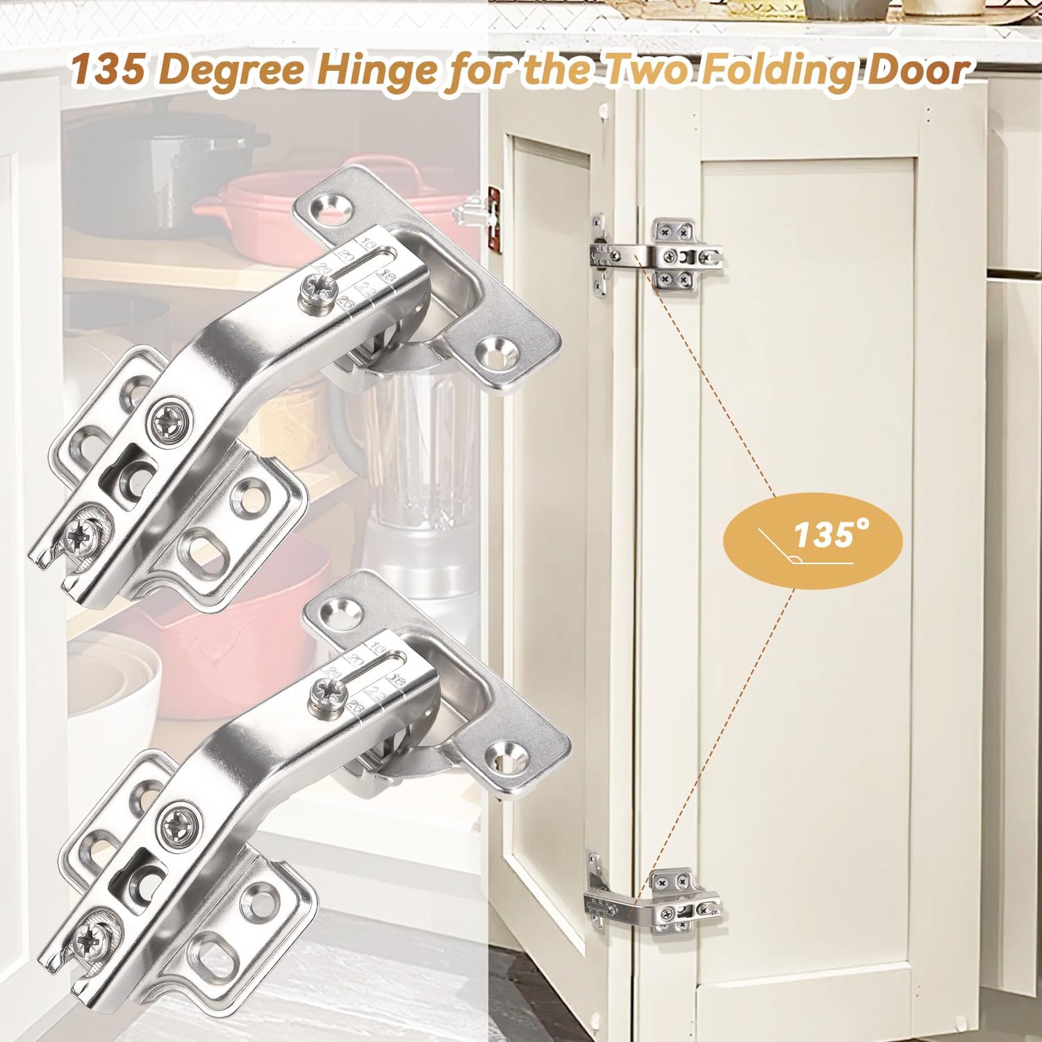 135 Degree Lazy Susan Hinge Full Overlay Concealed Corner Cabinet Hinge for Cabinet, Cupboard, Folded Door, Corner Kitchen Cabinet Replacement Hardware (1 Pair, 2 PCS) - Image 2