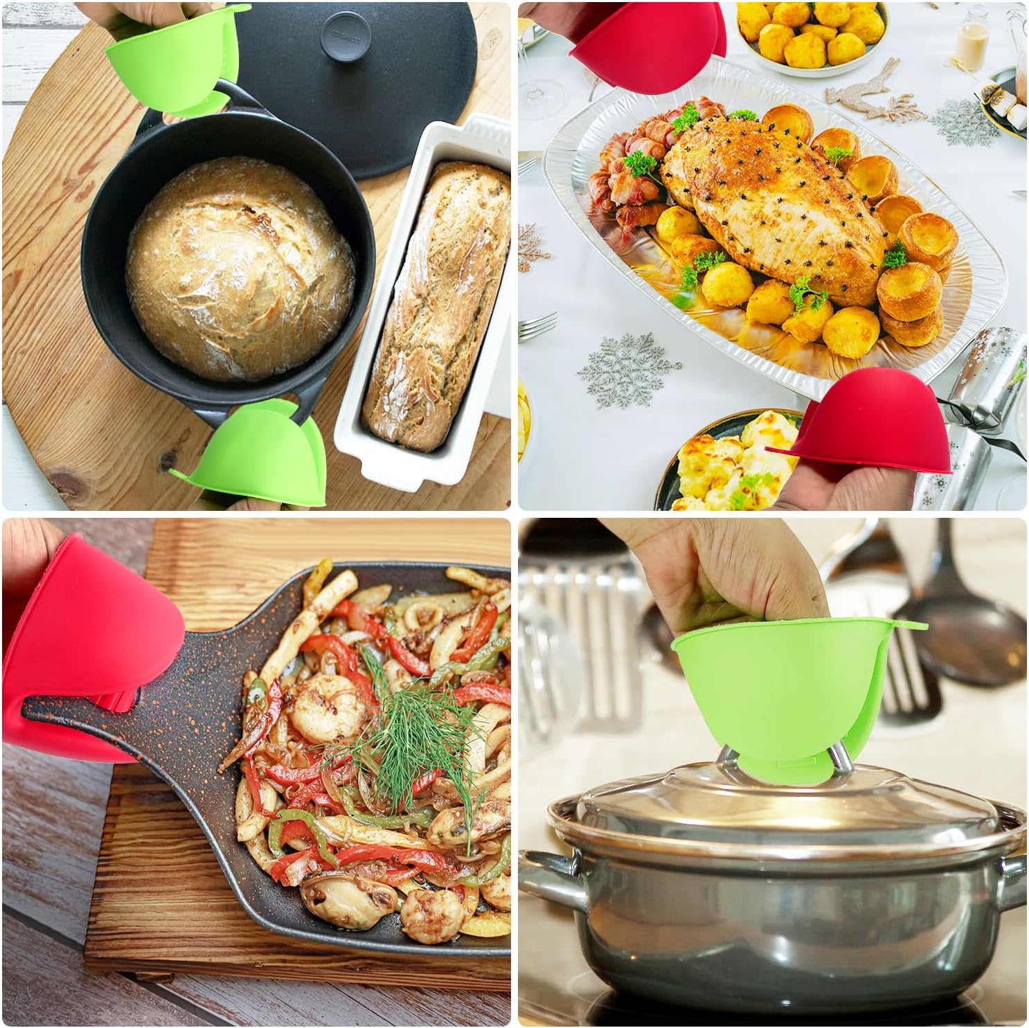 2 Pairs Mini Oven Gloves, Silicone Oven Mitts Heat Resistant, Silicone Potholders Cooking Pinch for Kitchen Cooking & Baking (Red and Green) - Image 4