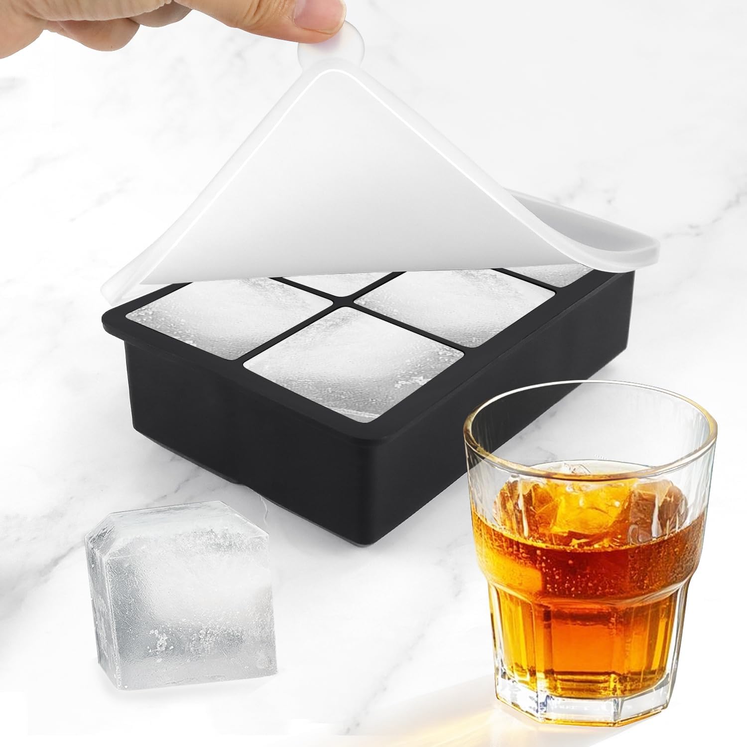 Large Ice Cube Tray with Lids, Big Square Silicone Freezer Mold, 2inch Huge Cubed Ice Maker for Whiskey, Cocktail, Freezing Broth, Rice, Leftovers and More (1-Pack 6 Cavities) - Image 4