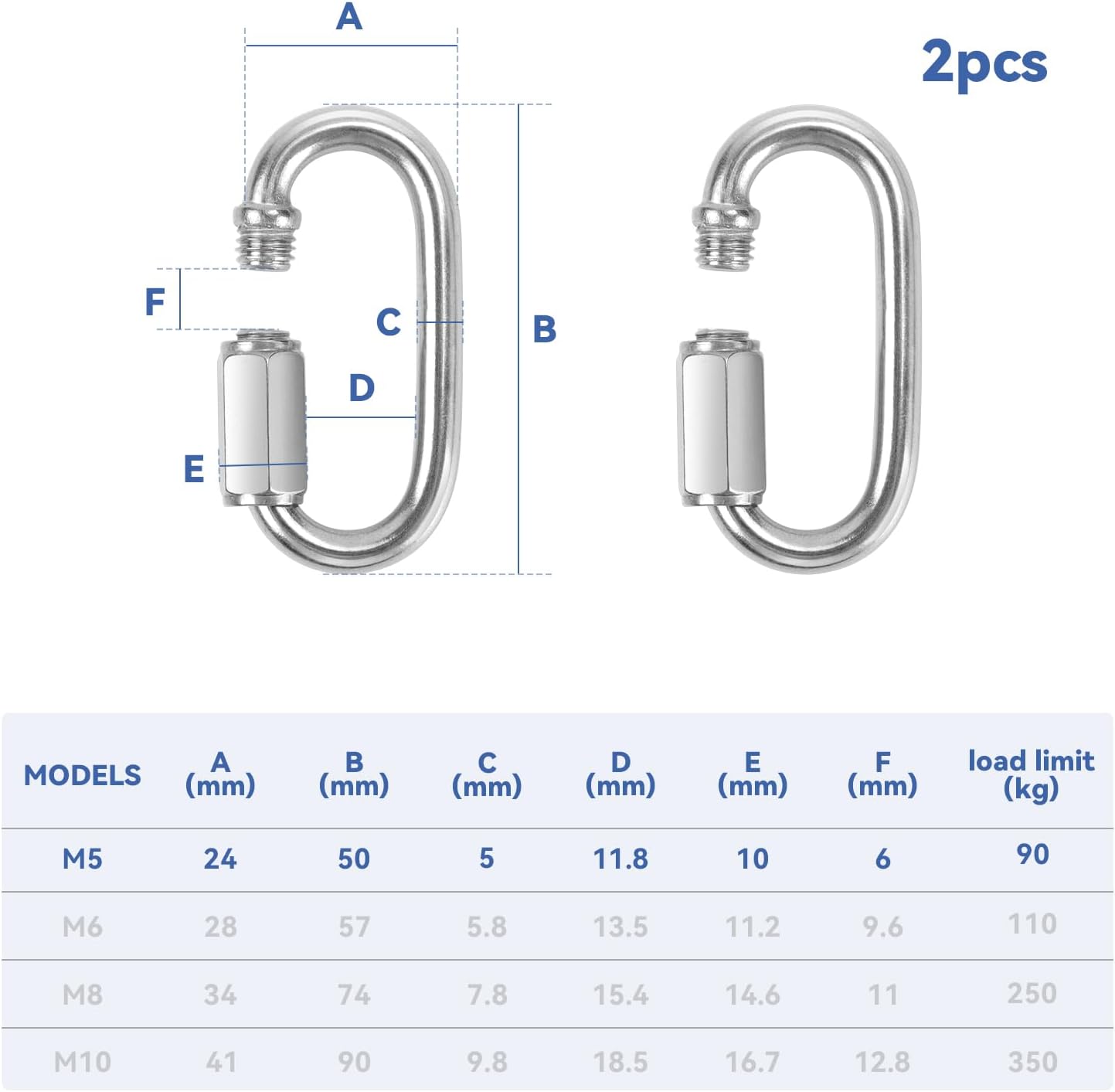 2 Pack Chain Quick Links Duty Chain Link Connector 304 Stainless Steel Locking Carabiner Screw Carabiner, Chain Hooks for Outdoor Traveling Equipment, Connecting Hammock - Image 2