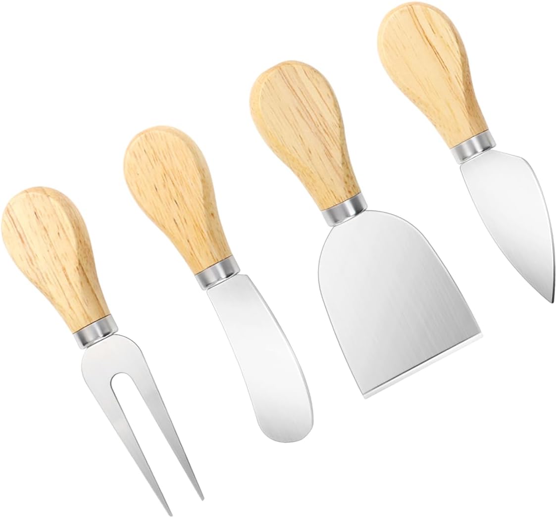 4-Piece Mini Wooden Handle Stainless Steel Cheese Set - Slicer, Knife, Fork, Butter Knife for Charcuterie & Cheese Spread - Image 1